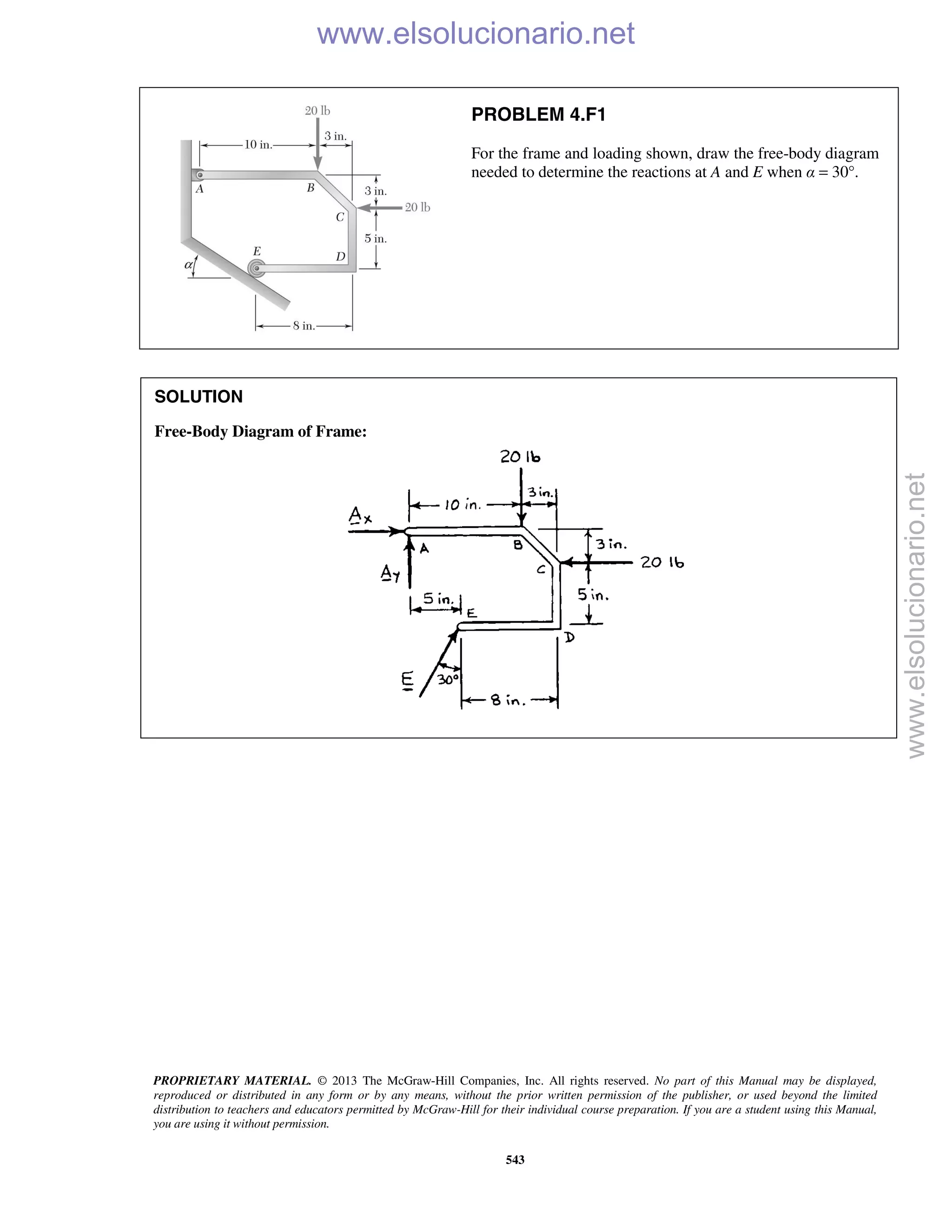 PROPRIETARY MATERIAL. © 2013 The McGraw-Hill Companies, Inc. All rights reserved. No part of this Manual may be displayed,
reproduced or distributed in any form or by any means, without the prior written permission of the publisher, or used beyond the limited
distribution to teachers and educators permitted by McGraw-Hill for their individual course preparation. If you are a student using this Manual,
you are using it without permission.
543
PROBLEM 4.F1
For the frame and loading shown, draw the free-body diagram
needed to determine the reactions at A and E when α = 30°.
SOLUTION
Free-Body Diagram of Frame:


www.elsolucionario.net
www.elsolucionario.net
 