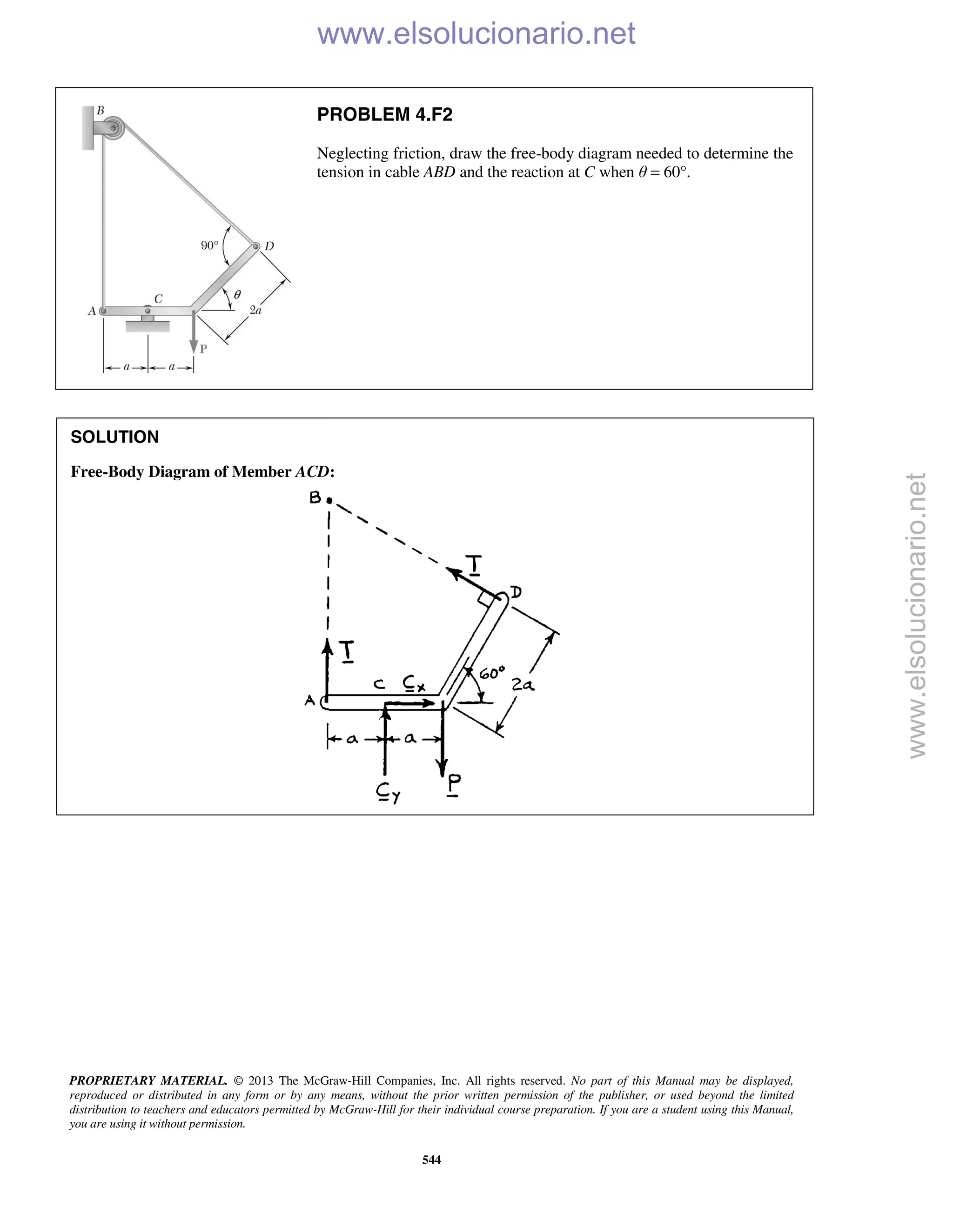 PROPRIETARY MATERIAL. © 2013 The McGraw-Hill Companies, Inc. All rights reserved. No part of this Manual may be displayed,
reproduced or distributed in any form or by any means, without the prior written permission of the publisher, or used beyond the limited
distribution to teachers and educators permitted by McGraw-Hill for their individual course preparation. If you are a student using this Manual,
you are using it without permission.
544
PROBLEM 4.F2
Neglecting friction, draw the free-body diagram needed to determine the
tension in cable ABD and the reaction at C when θ = 60°.
SOLUTION
Free-Body Diagram of Member ACD:

www.elsolucionario.net
www.elsolucionario.net
 