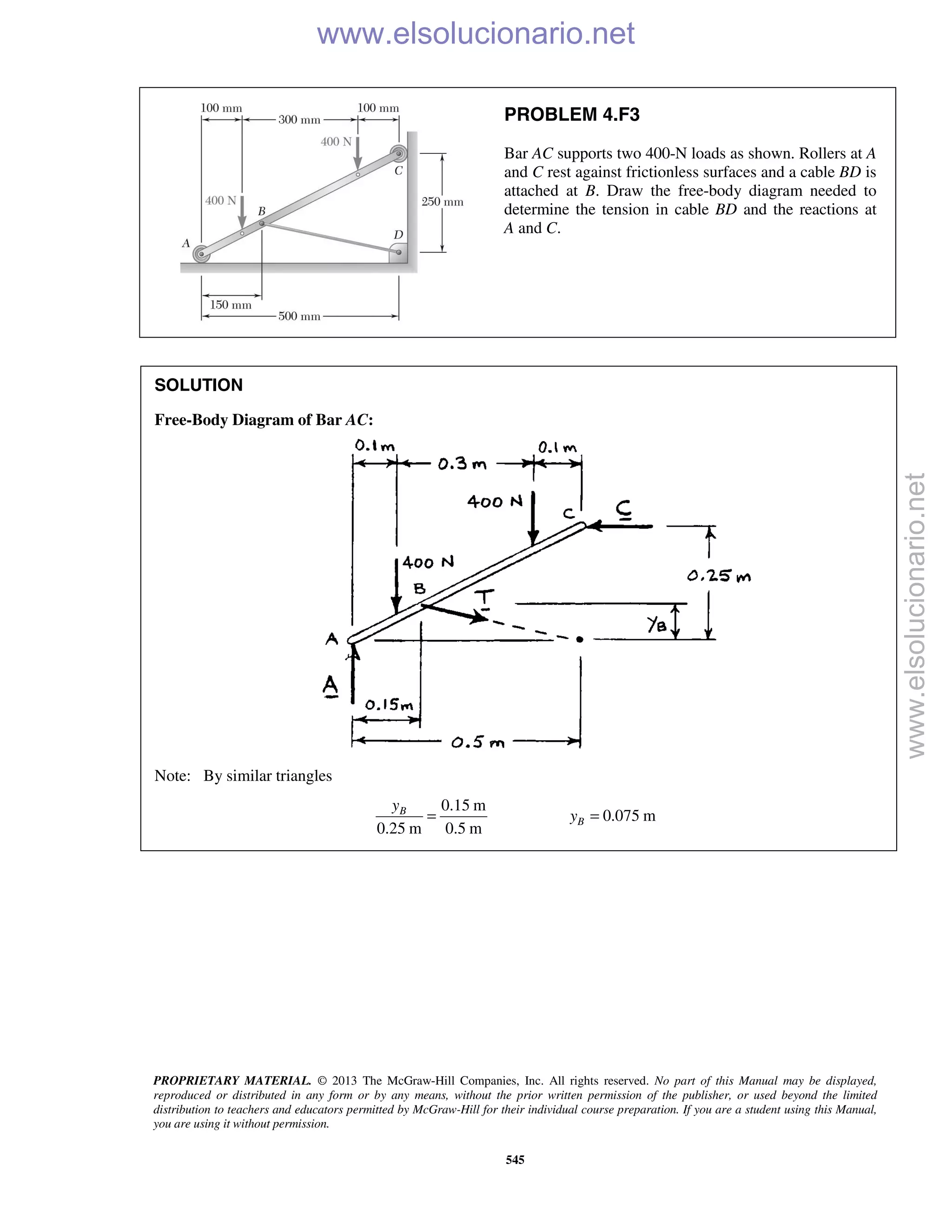 PROPRIETARY MATERIAL. © 2013 The McGraw-Hill Companies, Inc. All rights reserved. No part of this Manual may be displayed,
reproduced or distributed in any form or by any means, without the prior written permission of the publisher, or used beyond the limited
distribution to teachers and educators permitted by McGraw-Hill for their individual course preparation. If you are a student using this Manual,
you are using it without permission.
545
PROBLEM 4.F3
Bar AC supports two 400-N loads as shown. Rollers at A
and C rest against frictionless surfaces and a cable BD is
attached at B. Draw the free-body diagram needed to
determine the tension in cable BD and the reactions at
A and C.
SOLUTION
Free-Body Diagram of Bar AC:

Note: By similar triangles
0.15 m
0.075 m
0.25 m 0.5 m
B
B
y
y= = 
www.elsolucionario.net
www.elsolucionario.net
 