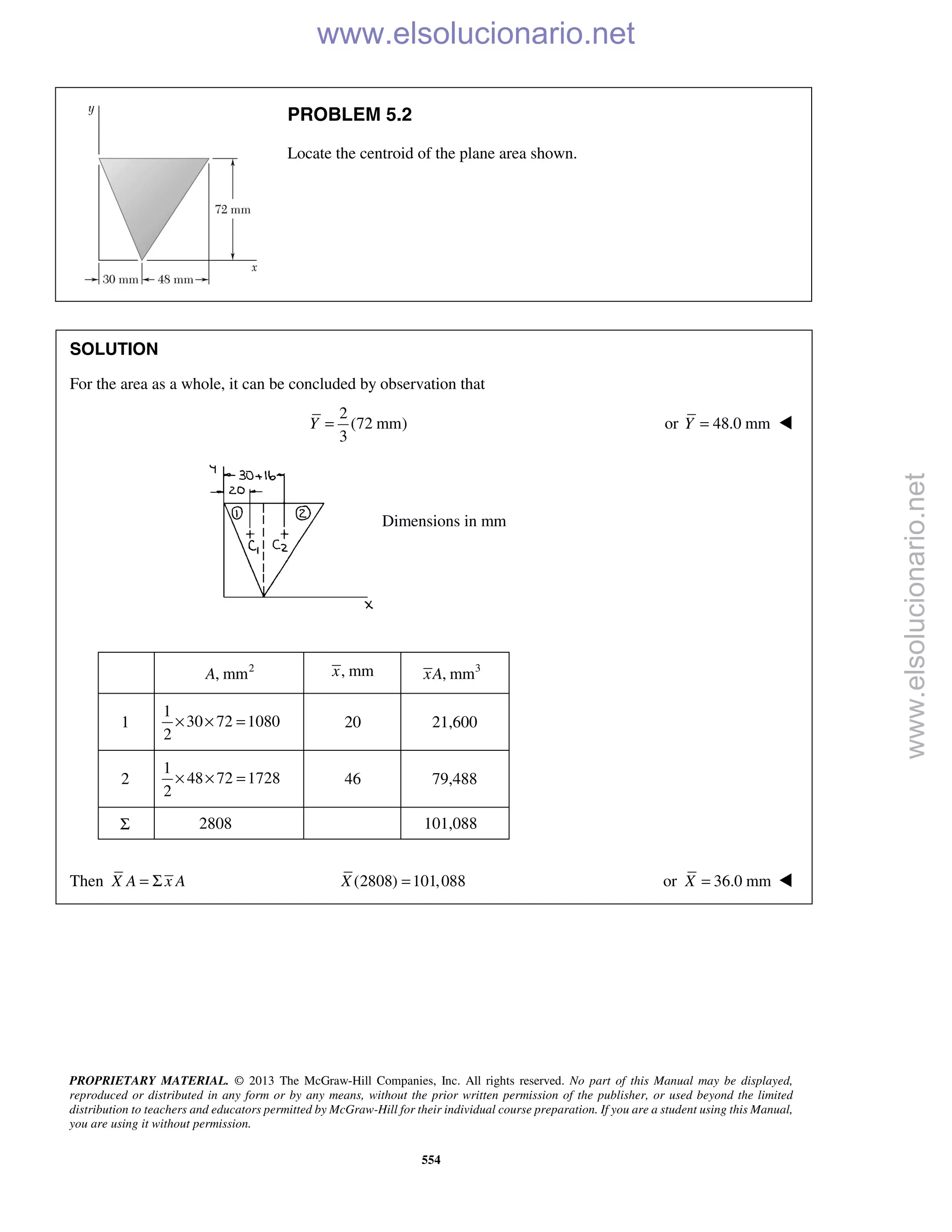 PROPRIETARY MATERIAL. © 2013 The McGraw-Hill Companies, Inc. All rights reserved. No part of this Manual may be displayed,
reproduced or distributed in any form or by any means, without the prior written permission of the publisher, or used beyond the limited
distribution to teachers and educators permitted by McGraw-Hill for their individual course preparation. If you are a student using this Manual,
you are using it without permission.
554
PROBLEM 5.2
Locate the centroid of the plane area shown.
SOLUTION
For the area as a whole, it can be concluded by observation that
2
(72 mm)
3
Y = or 48.0 mmY = 
Dimensions in mm
2
, mmA , mmx 3
, mmxA
1
1
30 72 1080
2
× × = 20 21,600
2
1
48 72 1728
2
× × = 46 79,488
Σ 2808 101,088
Then X A x A= Σ (2808) 101,088X = or 36.0 mmX = 
www.elsolucionario.net
www.elsolucionario.net
 
