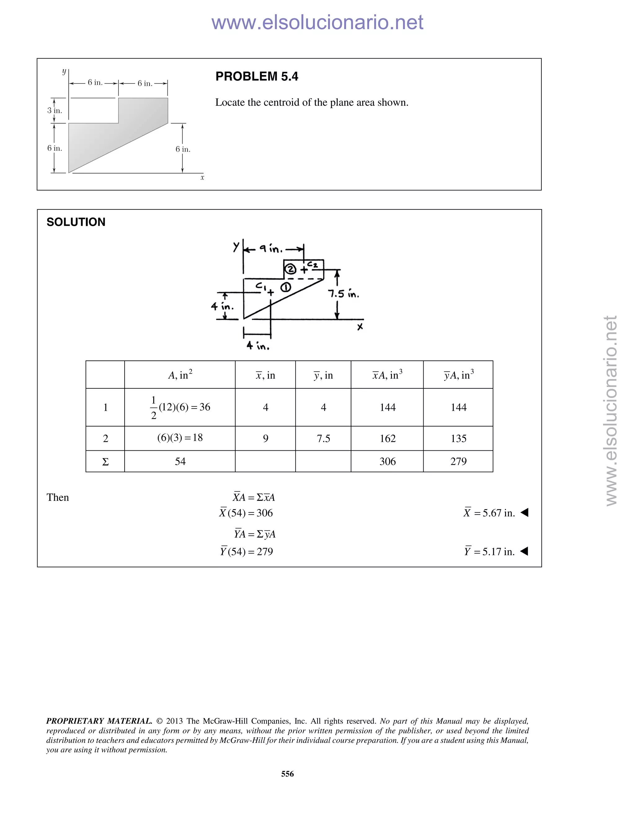 PROPRIETARY MATERIAL. © 2013 The McGraw-Hill Companies, Inc. All rights reserved. No part of this Manual may be displayed,
reproduced or distributed in any form or by any means, without the prior written permission of the publisher, or used beyond the limited
distribution to teachers and educators permitted by McGraw-Hill for their individual course preparation. If you are a student using this Manual,
you are using it without permission.
556
PROBLEM 5.4
Locate the centroid of the plane area shown.
SOLUTION
2
, inA , inx , iny 3
, inxA 3
, inyA
1
1
(12)(6) 36
2
= 4 4 144 144
2 (6)(3) 18= 9 7.5 162 135
Σ 54 306 279
Then XA xA= Σ
(54) 306X = 5.67 in.X = 
(54) 279
YA yA
Y
= Σ
= 5.17 in.Y = 
www.elsolucionario.net
www.elsolucionario.net
 