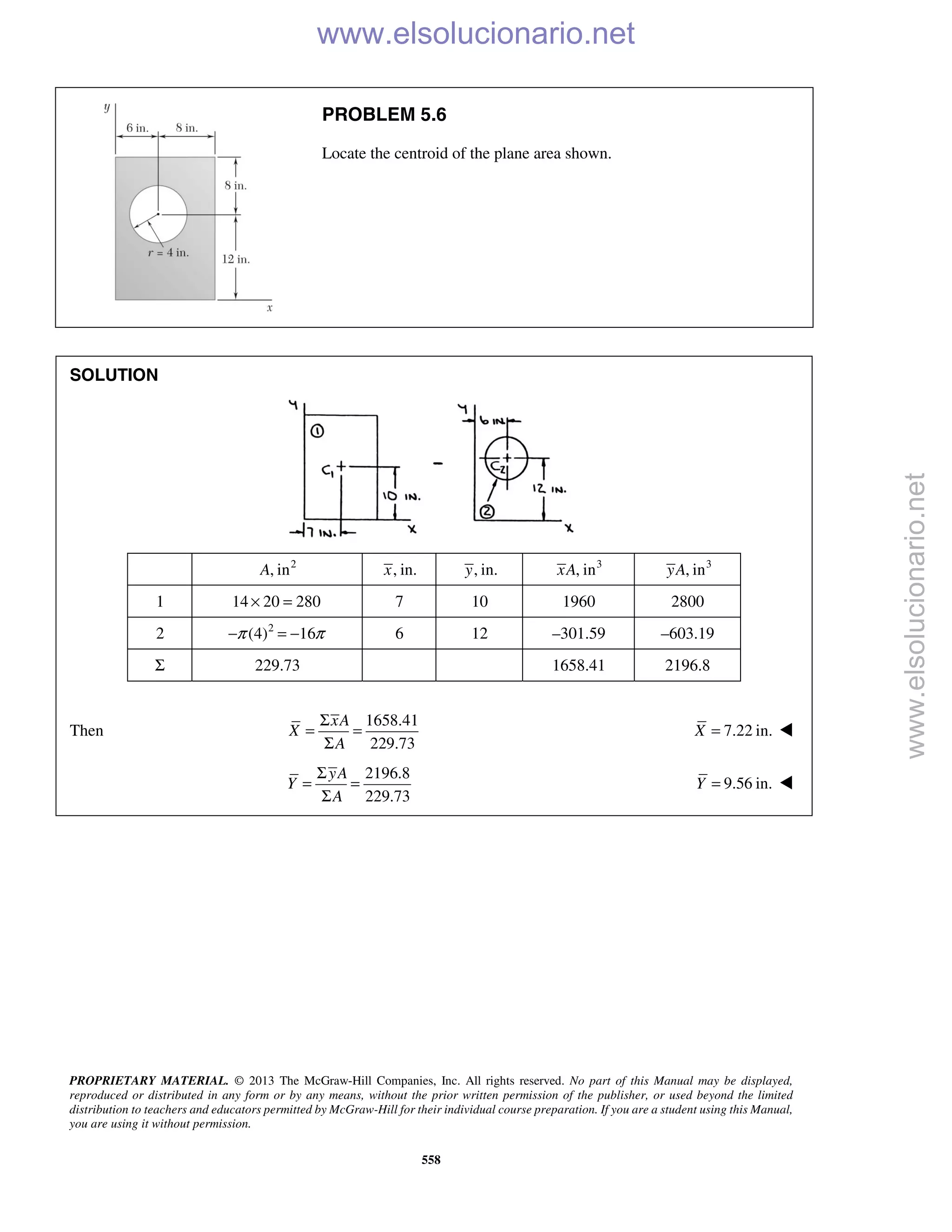 PROPRIETARY MATERIAL. © 2013 The McGraw-Hill Companies, Inc. All rights reserved. No part of this Manual may be displayed,
reproduced or distributed in any form or by any means, without the prior written permission of the publisher, or used beyond the limited
distribution to teachers and educators permitted by McGraw-Hill for their individual course preparation. If you are a student using this Manual,
you are using it without permission.
558
PROBLEM 5.6
Locate the centroid of the plane area shown.
SOLUTION
2
, inA , in.x , in.y 3
, inxA 3
, inyA
1 14 20 280× = 7 10 1960 2800
2 2
(4) 16π π− = − 6 12 –301.59 –603.19
Σ 229.73 1658.41 2196.8
Then
1658.41
229.73
xA
X
A
Σ
= =
Σ
7.22 in.X = 
2196.8
229.73
yA
Y
A
Σ
= =
Σ
9.56 in.Y = 
www.elsolucionario.net
www.elsolucionario.net
 