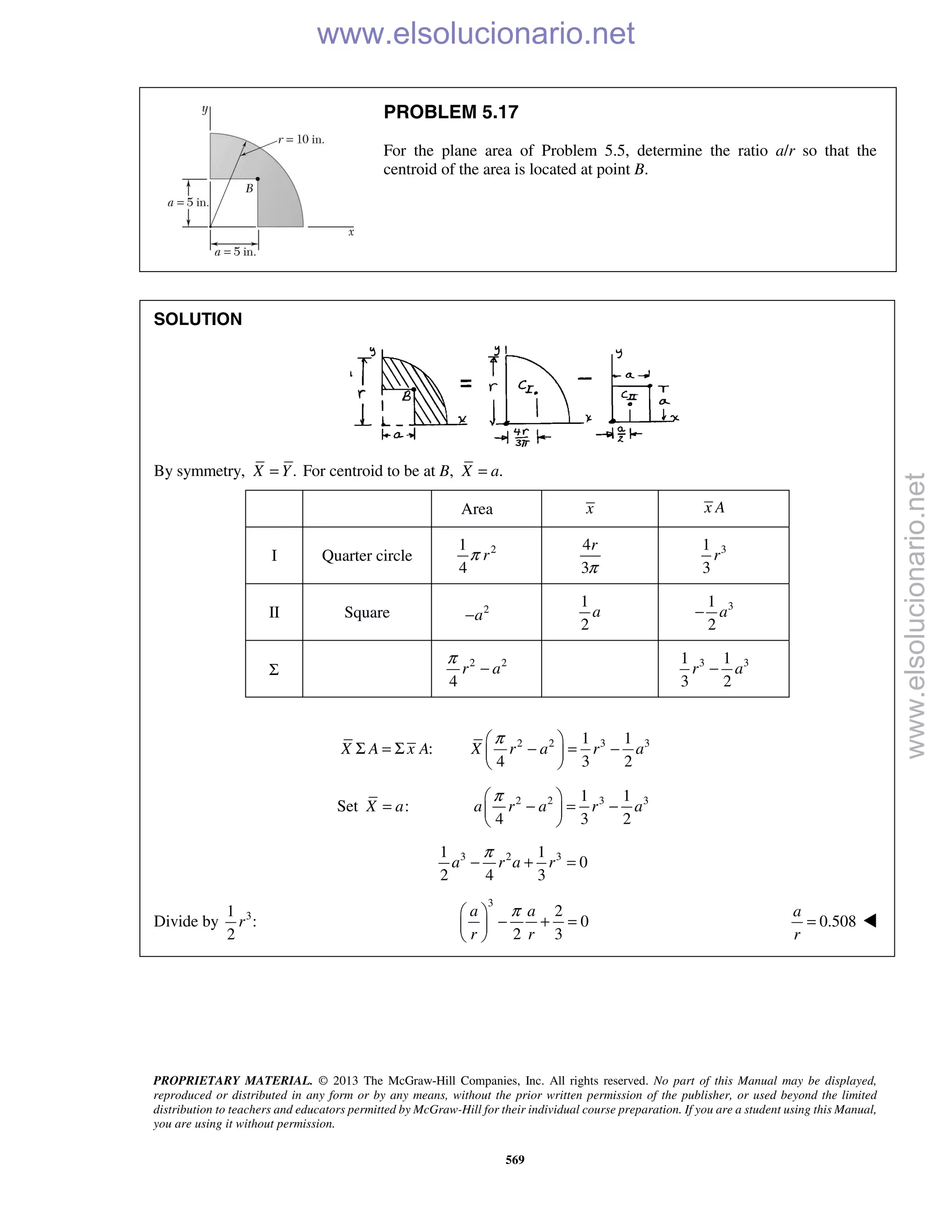 PROPRIETARY MATERIAL. © 2013 The McGraw-Hill Companies, Inc. All rights reserved. No part of this Manual may be displayed,
reproduced or distributed in any form or by any means, without the prior written permission of the publisher, or used beyond the limited
distribution to teachers and educators permitted by McGraw-Hill for their individual course preparation. If you are a student using this Manual,
you are using it without permission.
569
PROBLEM 5.17
For the plane area of Problem 5.5, determine the ratio a/r so that the
centroid of the area is located at point B.
SOLUTION
By symmetry, .X Y= For centroid to be at B, .X a=
Area x x A
I Quarter circle 21
4
rπ
4
3
r
π
31
3
r
II Square 2
a−
1
2
a 31
2
a−
Σ
2 2
4
r a
π
− 3 31 1
3 2
r a−
:X A x AΣ = Σ 2 2 3 31 1
4 3 2
X r a r a
π 
− = − 
 
Set :X a= 2 2 3 31 1
4 3 2
a r a r a
π 
− = − 
 
3 2 31 1
0
2 4 3
a r a r
π
− + =
Divide by 31
:
2
r
3
2
0
2 3
a a
r r
π 
− + = 
 
0.508
a
r
=  www.elsolucionario.net
www.elsolucionario.net
 