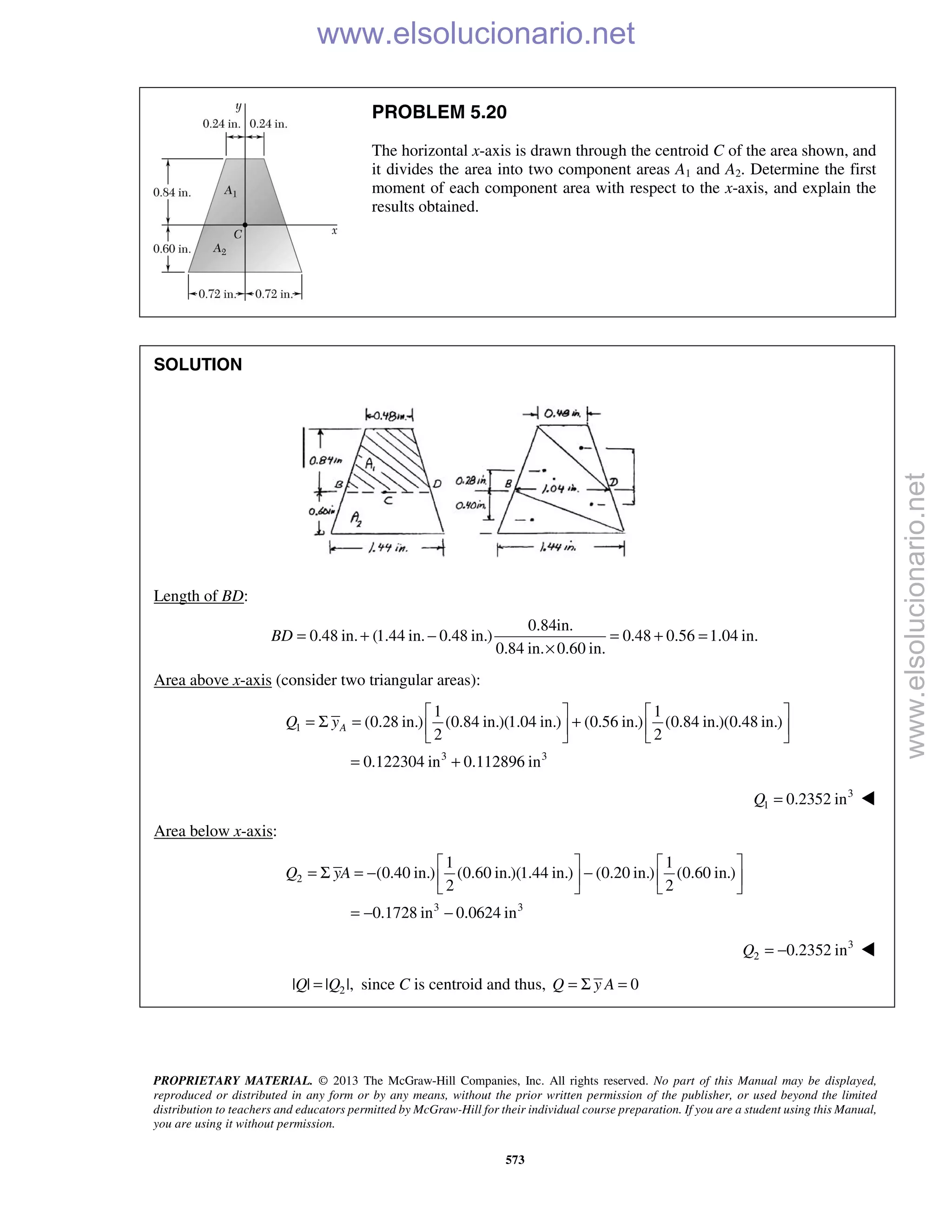 PROPRIETARY MATERIAL. © 2013 The McGraw-Hill Companies, Inc. All rights reserved. No part of this Manual may be displayed,
reproduced or distributed in any form or by any means, without the prior written permission of the publisher, or used beyond the limited
distribution to teachers and educators permitted by McGraw-Hill for their individual course preparation. If you are a student using this Manual,
you are using it without permission.
573
PROBLEM 5.20
The horizontal x-axis is drawn through the centroid C of the area shown, and
it divides the area into two component areas A1 and A2. Determine the first
moment of each component area with respect to the x-axis, and explain the
results obtained.
SOLUTION
Length of BD:
0.84in.
0.48 in. (1.44 in. 0.48 in.) 0.48 0.56 1.04 in.
0.84 in. 0.60 in.
BD = + − = + =
×
Area above x-axis (consider two triangular areas):
1
3 3
1 1
(0.28 in.) (0.84 in.)(1.04 in.) (0.56 in.) (0.84 in.)(0.48 in.)
2 2
0.122304 in 0.112896 in
AQ y
   
= Σ = +   
   
= +
3
1 0.2352 inQ = 
Area below x-axis:
2
3 3
1 1
(0.40 in.) (0.60 in.)(1.44 in.) (0.20 in.) (0.60 in.)
2 2
0.1728 in 0.0624 in
Q yA
   
= Σ = − −   
   
= − −
3
2 0.2352 inQ = − 
2| | | |,Q Q= since C is centroid and thus, 0Q y A= Σ =
www.elsolucionario.net
www.elsolucionario.net
 