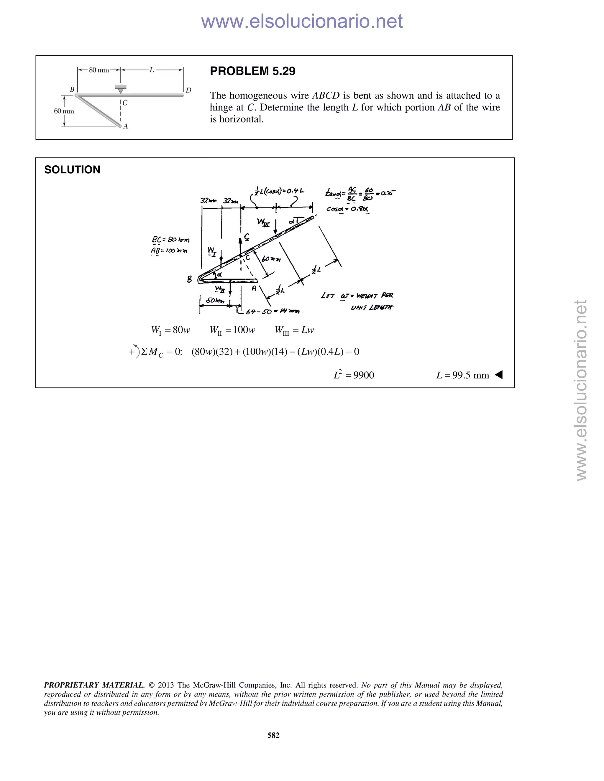 PROPRIETARY MATERIAL. © 2013 The McGraw-Hill Companies, Inc. All rights reserved. No part of this Manual may be displayed,
reproduced or distributed in any form or by any means, without the prior written permission of the publisher, or used beyond the limited
distribution to teachers and educators permitted by McGraw-Hill for their individual course preparation. If you are a student using this Manual,
you are using it without permission.
582
PROBLEM 5.29
The homogeneous wire ABCD is bent as shown and is attached to a
hinge at C. Determine the length L for which portion AB of the wire
is horizontal.
SOLUTION
I II III80 100W w W w W Lw= = =
0: (80 )(32) (100 )(14) ( )(0.4 ) 0CM w w Lw LΣ = + − =
2
9900L = 99.5 mmL = 
www.elsolucionario.net
www.elsolucionario.net
 