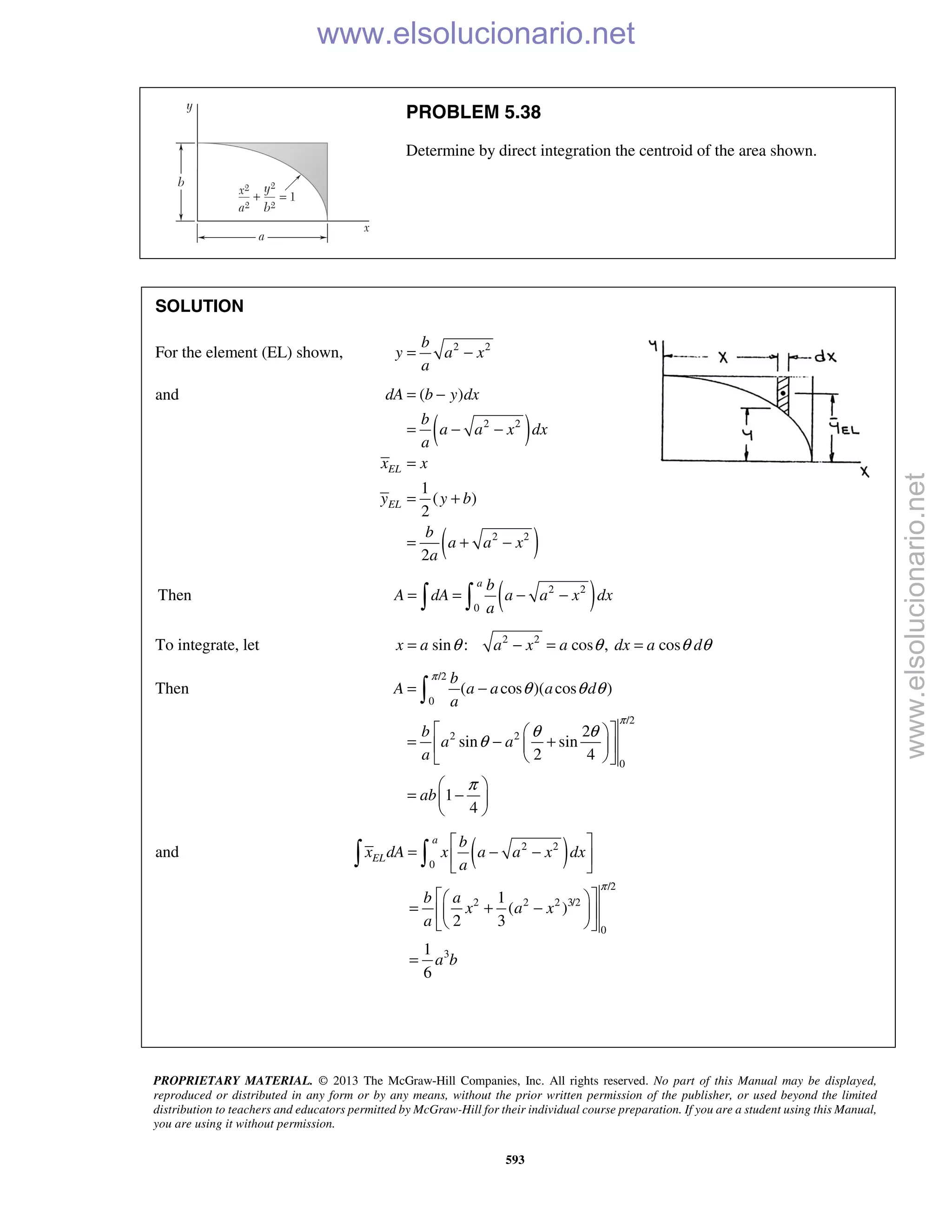 PROPRIETARY MATERIAL. © 2013 The McGraw-Hill Companies, Inc. All rights reserved. No part of this Manual may be displayed,
reproduced or distributed in any form or by any means, without the prior written permission of the publisher, or used beyond the limited
distribution to teachers and educators permitted by McGraw-Hill for their individual course preparation. If you are a student using this Manual,
you are using it without permission.
593
PROBLEM 5.38
Determine by direct integration the centroid of the area shown.
SOLUTION
For the element (EL) shown, 2 2b
y a x
a
= −
and
( )
( )
2 2
2 2
( )
1
( )
2
2
EL
EL
dA b y dx
b
a a x dx
a
x x
y y b
b
a a x
a
= −
= − −
=
= +
= + −
Then ( )2 2
0
a b
A dA a a x dx
a
= = − − 
To integrate, let 2 2
sin : cos , cosx a a x a dx a dθ θ θ θ= − = =
Then
/2
0
/2
2 2
0
( cos )( cos )
2
sin sin
2 4
1
4
b
A a a a d
a
b
a a
a
ab
π
π
θ θ θ
θ θ
θ
π
= −
  
= − +  
  
 
= − 
 

and ( )2 2
0
/2
2 2 2 3/2
0
3
1
( )
2 3
1
6
a
EL
b
x dA x a a x dx
a
b a
x a x
a
a b
π
 
= − − 
 
  
= + −  
  
=
 
www.elsolucionario.net
www.elsolucionario.net
 
