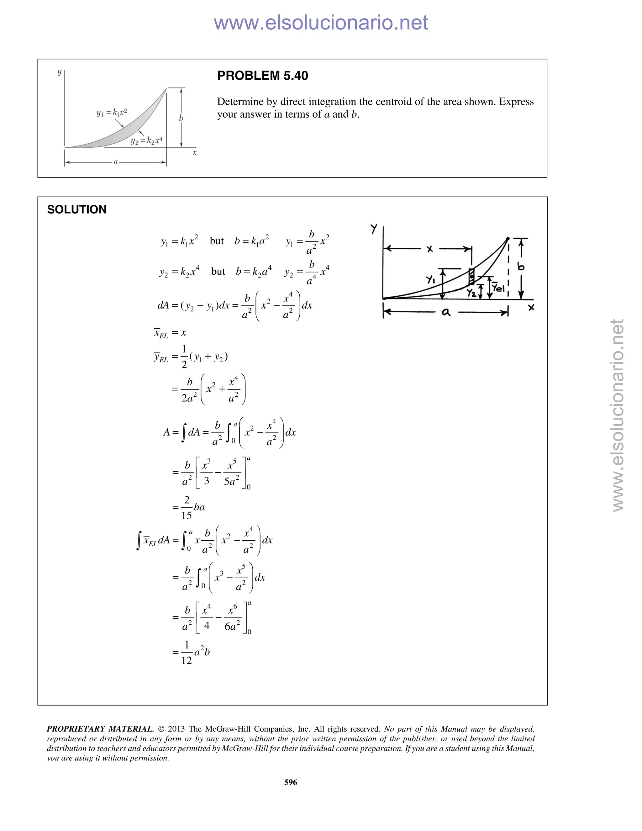 PROPRIETARY MATERIAL. © 2013 The McGraw-Hill Companies, Inc. All rights reserved. No part of this Manual may be displayed,
reproduced or distributed in any form or by any means, without the prior written permission of the publisher, or used beyond the limited
distribution to teachers and educators permitted by McGraw-Hill for their individual course preparation. If you are a student using this Manual,
you are using it without permission.
596
PROBLEM 5.40
Determine by direct integration the centroid of the area shown. Express
your answer in terms of a and b.
SOLUTION
2 2 2
1 1 1 1 2
4 4 4
2 2 2 2 4
4
2
2 1 2 2
1 2
4
2
2 2
but
but
( )
1
( )
2
2
EL
EL
b
y k x b k a y x
a
b
y k x b k a y x
a
b x
dA y y dx x dx
a a
x x
y y y
b x
x
a a
= = =
= = =
 
= − = −  
 
=
= +
 
= +  
 
4
2
2 20
3 5
2 2
0
4
2
2 20
5
3
2 20
4 6
2 2
0
2
3 5
2
15
4 6
1
12
a
a
a
EL
a
a
b x
A dA x dx
a a
b x x
a a
ba
b x
x dA x x dx
a a
b x
x dx
a a
b x x
a a
a b
 
= = −  
 
 
= − 
 
=
 
= −  
 
 
= −  
 
 
= − 
 
=
 
 

www.elsolucionario.net
www.elsolucionario.net
 