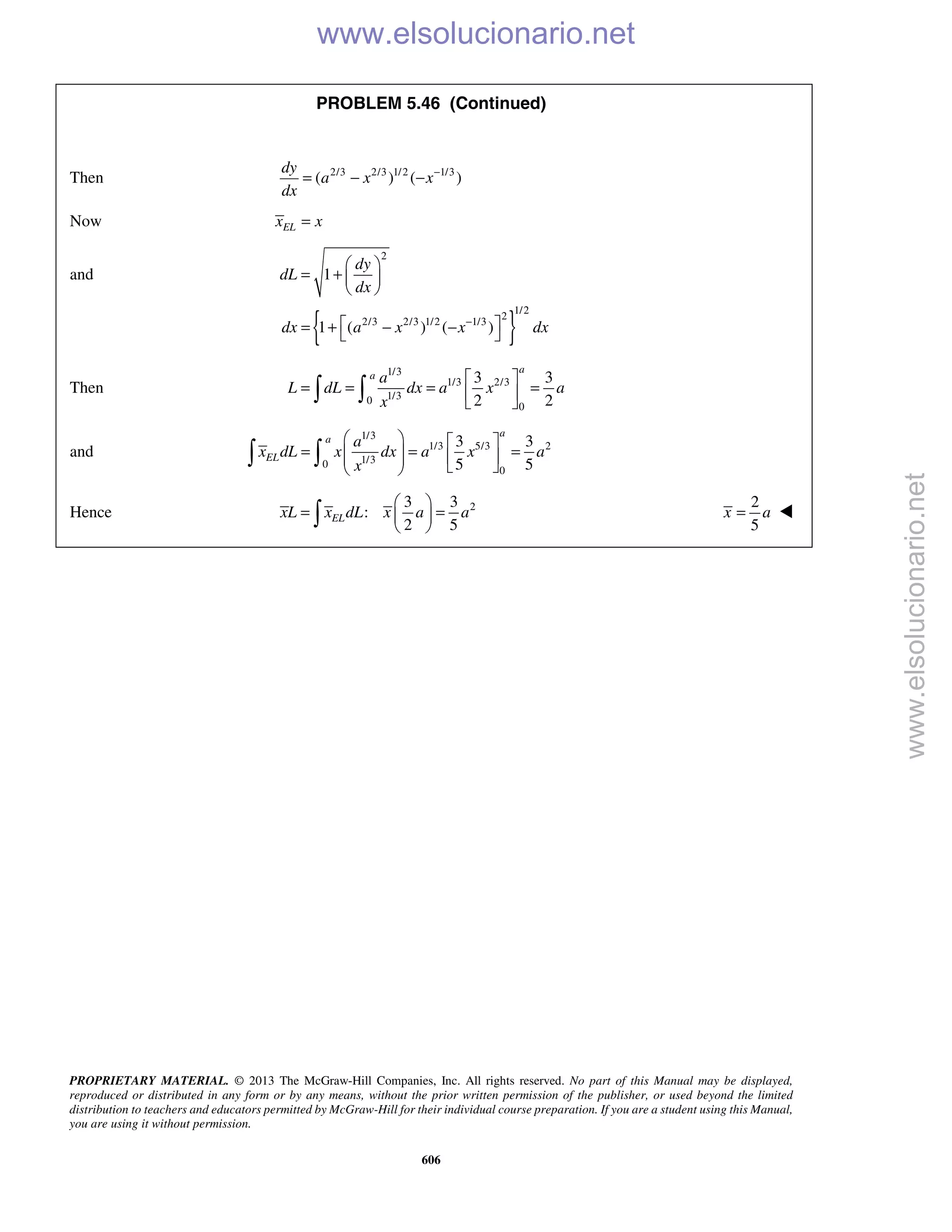 PROPRIETARY MATERIAL. © 2013 The McGraw-Hill Companies, Inc. All rights reserved. No part of this Manual may be displayed,
reproduced or distributed in any form or by any means, without the prior written permission of the publisher, or used beyond the limited
distribution to teachers and educators permitted by McGraw-Hill for their individual course preparation. If you are a student using this Manual,
you are using it without permission.
606
PROBLEM 5.46 (Continued)
Then 2/3 2/3 1/2 1/3
( ) ( )
dy
a x x
dx
−
= − −
Now ELx x=
and
{ }
2
1/2
2
2/3 2/3 1/2 1/3
1
1 ( ) ( )
dy
dL
dx
dx a x x dx−
 
= +  
 
 = + − − 
Then
1/3
1/3 2/3
1/30
0
3 3
2 2
a
a a
L dL dx a x a
x
 
= = = = 
  
and
1/3
1/3 5/3 2
1/30
0
3 3
5 5
a
a
EL
a
x dL x dx a x a
x
   
= = =       
 
Hence 23 3
:
2 5
ELxL x dL x a a
 
= = 
 
2
5
x a= 
www.elsolucionario.net
www.elsolucionario.net
 