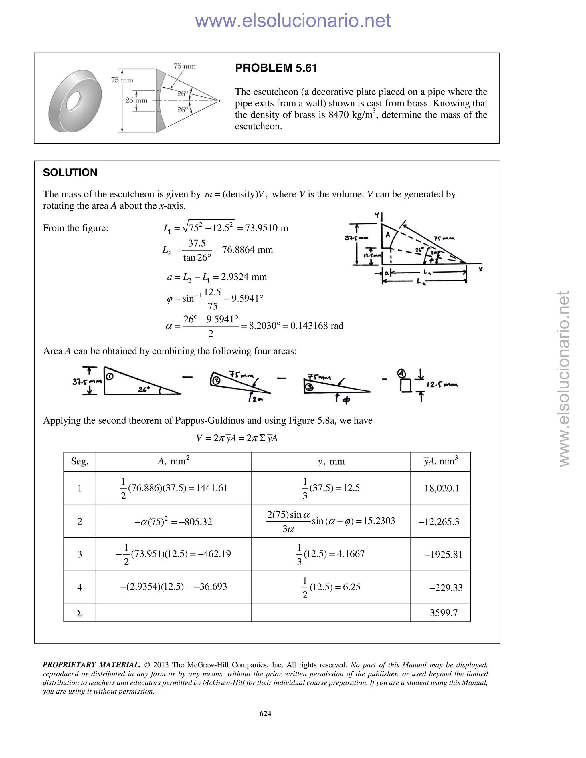 PROPRIETARY MATERIAL. © 2013 The McGraw-Hill Companies, Inc. All rights reserved. No part of this Manual may be displayed,
reproduced or distributed in any form or by any means, without the prior written permission of the publisher, or used beyond the limited
distribution to teachers and educators permitted by McGraw-Hill for their individual course preparation. If you are a student using this Manual,
you are using it without permission.
624
PROBLEM 5.61
The escutcheon (a decorative plate placed on a pipe where the
pipe exits from a wall) shown is cast from brass. Knowing that
the density of brass is 8470 kg/m3
, determine the mass of the
escutcheon.
SOLUTION
The mass of the escutcheon is given by (density) ,m V= where V is the volume. V can be generated by
rotating the area A about the x-axis.
From the figure: 2 2
1
2
75 12.5 73.9510 m
37.5
76.8864 mm
tan 26
L
L
= − =
= =
°
2 1
1
2.9324 mm
12.5
sin 9.5941
75
26 9.5941
8.2030 0.143168 rad
2
a L L
φ
α
−
= − =
= = °
° − °
= = ° =
Area A can be obtained by combining the following four areas:
Applying the second theorem of Pappus-Guldinus and using Figure 5.8a, we have
2 2V yA yAπ π= = Σ
Seg. 2
, mmA , mmy 3
, mmyA
1
1
(76.886)(37.5) 1441.61
2
=
1
(37.5) 12.5
3
= 18,020.1
2 2
(75) 805.32α− = −
2(75)sin
sin ( ) 15.2303
3
α
α φ
α
+ = −12,265.3
3
1
(73.951)(12.5) 462.19
2
− = −
1
(12.5) 4.1667
3
= −1925.81
4 (2.9354)(12.5) 36.693− = −
1
(12.5) 6.25
2
= −229.33
Σ 3599.7
www.elsolucionario.net
www.elsolucionario.net
 