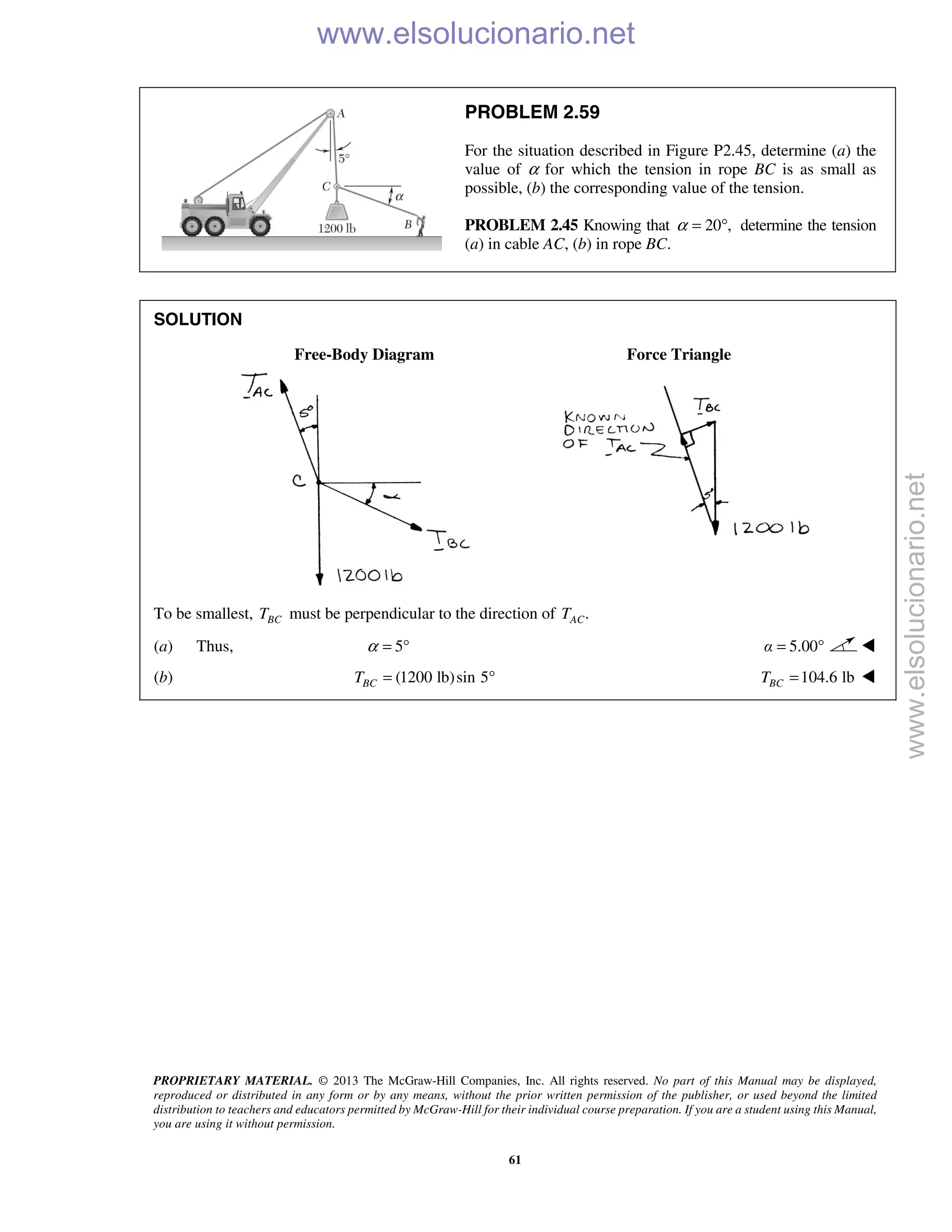 PROPRIETARY MATERIAL. © 2013 The McGraw-Hill Companies, Inc. All rights reserved. No part of this Manual may be displayed,
reproduced or distributed in any form or by any means, without the prior written permission of the publisher, or used beyond the limited
distribution to teachers and educators permitted by McGraw-Hill for their individual course preparation. If you are a student using this Manual,
you are using it without permission.
61
PROBLEM 2.59
For the situation described in Figure P2.45, determine (a) the
value of α for which the tension in rope BC is as small as
possible, (b) the corresponding value of the tension.
PROBLEM 2.45 Knowing that 20 ,α = ° determine the tension
(a) in cable AC, (b) in rope BC.
SOLUTION
Free-Body Diagram Force Triangle
To be smallest, BCT must be perpendicular to the direction of .ACT
(a) Thus, 5α = ° 5.00α = ° 
(b) (1200 lb)sin 5BCT = ° 104.6 lbBCT = 
www.elsolucionario.net
www.elsolucionario.net
 
