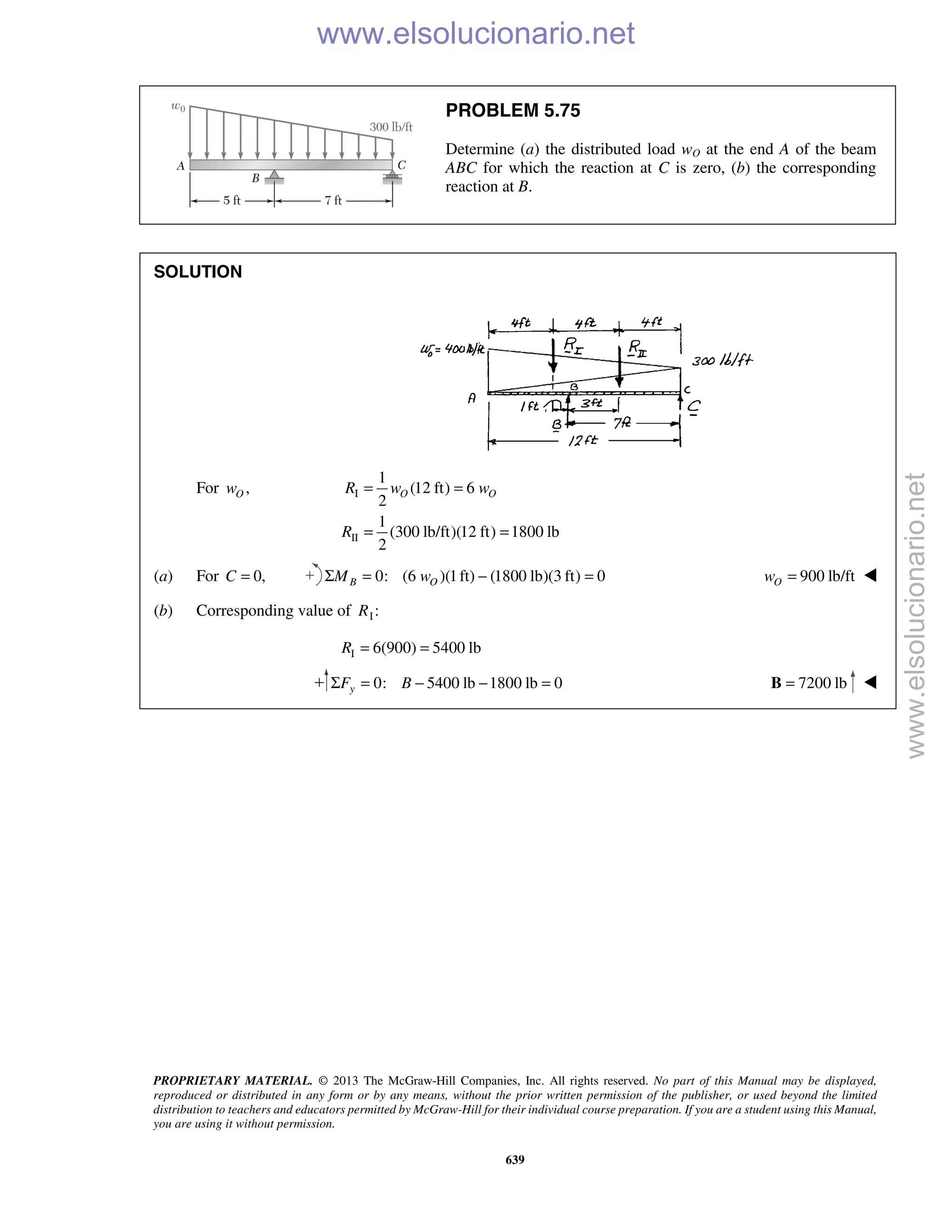 PROPRIETARY MATERIAL. © 2013 The McGraw-Hill Companies, Inc. All rights reserved. No part of this Manual may be displayed,
reproduced or distributed in any form or by any means, without the prior written permission of the publisher, or used beyond the limited
distribution to teachers and educators permitted by McGraw-Hill for their individual course preparation. If you are a student using this Manual,
you are using it without permission.
639
PROBLEM 5.75
Determine (a) the distributed load wO at the end A of the beam
ABC for which the reaction at C is zero, (b) the corresponding
reaction at B.
SOLUTION
For ,Ow I
II
1
(12 ft) 6
2
1
(300 lb/ft)(12 ft) 1800 lb
2
O OR w w
R
= =
= =
(a) For 0,C = 0: (6 )(1ft) (1800 lb)(3 ft) 0B OM wΣ = − = 900 lb/ftOw = 
(b) Corresponding value of I:R
I 6(900) 5400 lb= =R
0: 5400 lb 1800 lb 0Σ = − − =yF B 7200 lb=B 
www.elsolucionario.net
www.elsolucionario.net
 