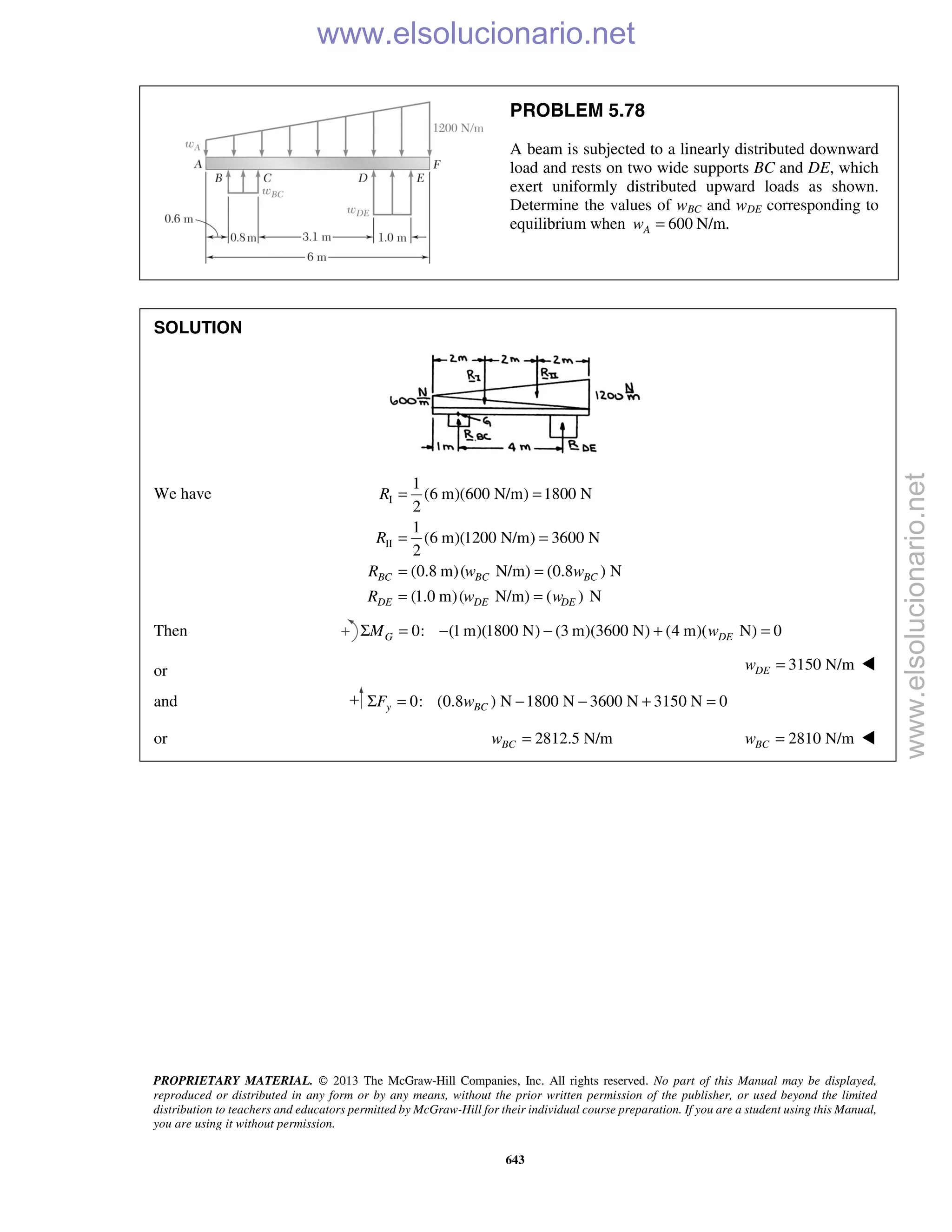 PROPRIETARY MATERIAL. © 2013 The McGraw-Hill Companies, Inc. All rights reserved. No part of this Manual may be displayed,
reproduced or distributed in any form or by any means, without the prior written permission of the publisher, or used beyond the limited
distribution to teachers and educators permitted by McGraw-Hill for their individual course preparation. If you are a student using this Manual,
you are using it without permission.
643
PROBLEM 5.78
A beam is subjected to a linearly distributed downward
load and rests on two wide supports BC and DE, which
exert uniformly distributed upward loads as shown.
Determine the values of wBC and wDE corresponding to
equilibrium when 600Aw = N/m.
SOLUTION
We have I
II
1
(6 m)(600 N/m) 1800 N
2
1
(6 m)(1200 N/m) 3600 N
2
(0.8 m)( N/m) (0.8 ) N
(1.0 m)( N/m) ( ) N
BC BC BC
DE DE DE
R
R
R w w
R w w
= =
= =
= =
= =
Then 0: (1 m)(1800 N) (3 m)(3600 N) (4 m)( N) 0G DEM wΣ = − − + =
or 3150 N/mDEw = 
and 0: (0.8 ) N 1800 N 3600 N 3150 N 0y BCF wΣ = − − + =
or 2812.5 N/mBCw = 2810 N/mBCw = 
www.elsolucionario.net
www.elsolucionario.net
 