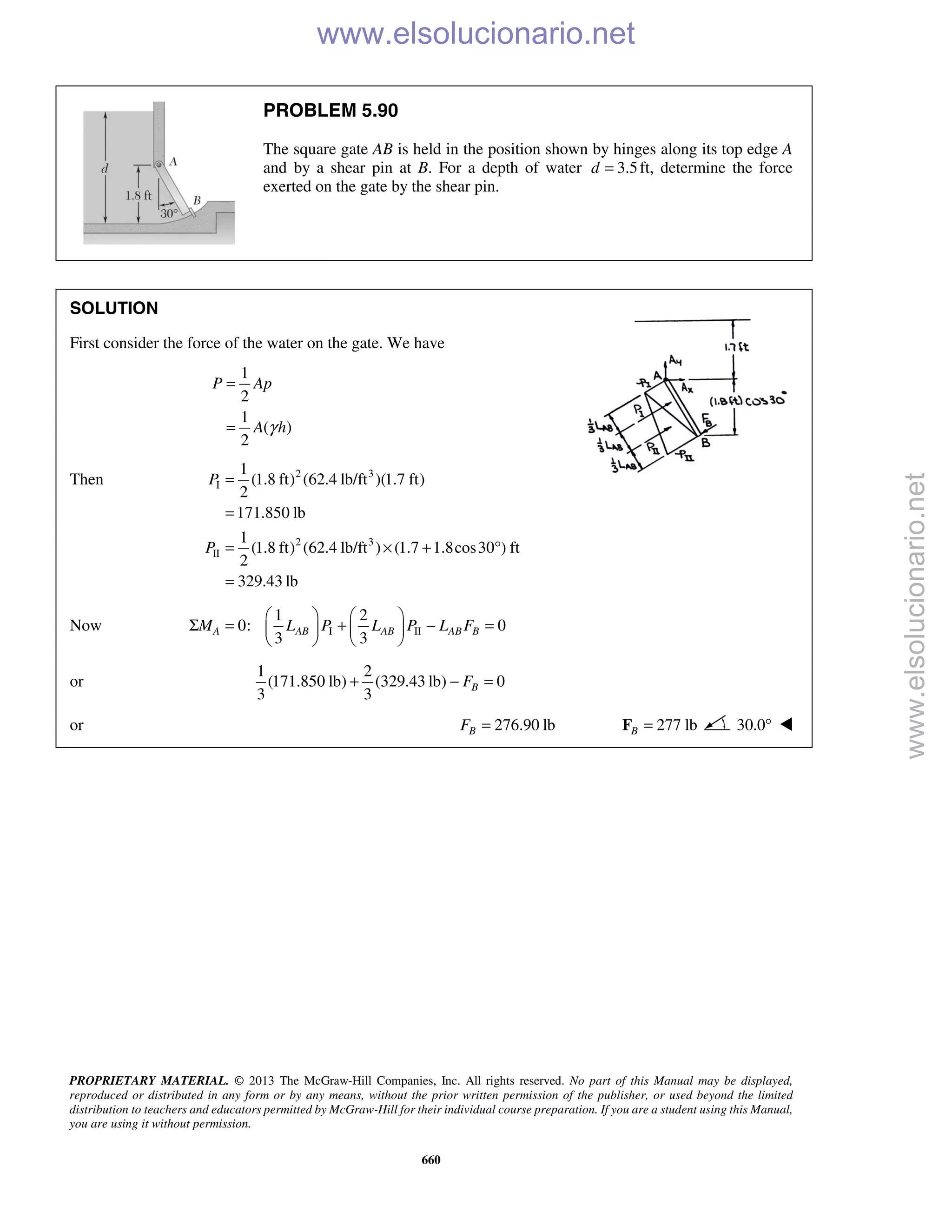 PROPRIETARY MATERIAL. © 2013 The McGraw-Hill Companies, Inc. All rights reserved. No part of this Manual may be displayed,
reproduced or distributed in any form or by any means, without the prior written permission of the publisher, or used beyond the limited
distribution to teachers and educators permitted by McGraw-Hill for their individual course preparation. If you are a student using this Manual,
you are using it without permission.
660
PROBLEM 5.90
The square gate AB is held in the position shown by hinges along its top edge A
and by a shear pin at B. For a depth of water 3.5d = ft, determine the force
exerted on the gate by the shear pin.
SOLUTION
First consider the force of the water on the gate. We have
1
2
1
( )
2
P Ap
A hγ
=
=
Then 2 3
I
2 3
II
1
(1.8 ft) (62.4 lb/ft )(1.7 ft)
2
171.850 lb
1
(1.8 ft) (62.4 lb/ft ) (1.7 1.8cos30 ) ft
2
329.43 lb
P
P
=
=
= × + °
=
Now I II
1 2
0: 0
3 3
A AB AB AB BM L P L P L F
   
Σ = + − =   
   
or
1 2
(171.850 lb) (329.43 lb) 0
3 3
BF+ − =
or 276.90 lbBF = 277 lbB =F 30.0° 
www.elsolucionario.net
www.elsolucionario.net
 