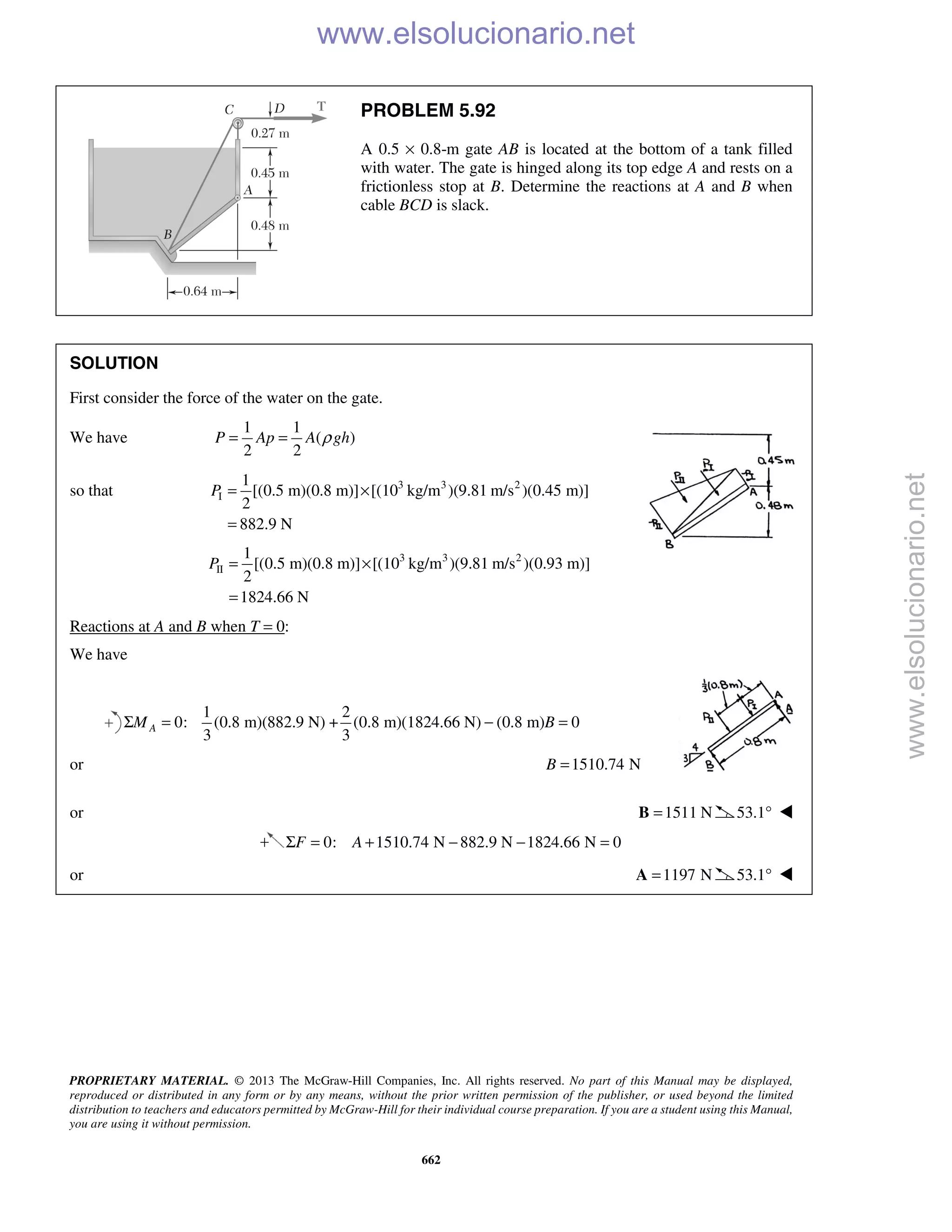 PROPRIETARY MATERIAL. © 2013 The McGraw-Hill Companies, Inc. All rights reserved. No part of this Manual may be displayed,
reproduced or distributed in any form or by any means, without the prior written permission of the publisher, or used beyond the limited
distribution to teachers and educators permitted by McGraw-Hill for their individual course preparation. If you are a student using this Manual,
you are using it without permission.
662
PROBLEM 5.92
A 0.5 × 0.8-m gate AB is located at the bottom of a tank filled
with water. The gate is hinged along its top edge A and rests on a
frictionless stop at B. Determine the reactions at A and B when
cable BCD is slack.
SOLUTION
First consider the force of the water on the gate.
We have
1 1
( )
2 2
ρ= =P Ap A gh
so that 3 3 2
I
1
[(0.5 m)(0.8 m)] [(10 kg/m )(9.81 m/s )(0.45 m)]
2
882.9 N
P = ×
=
3 3 2
II
1
[(0.5 m)(0.8 m)] [(10 kg/m )(9.81 m/s )(0.93 m)]
2
1824.66 N
P = ×
=
Reactions at A and B when T = 0:
We have
1 2
0: (0.8 m)(882.9 N) + (0.8 m)(1824.66 N) (0.8 m) 0
3 3
AM BΣ = − =
or 1510.74 NB =
or 1511 N=B 53.1° 
0: 1510.74 N 882.9 N 1824.66 N 0F AΣ = + − − =
or 1197 N=A 53.1° 
www.elsolucionario.net
www.elsolucionario.net
 