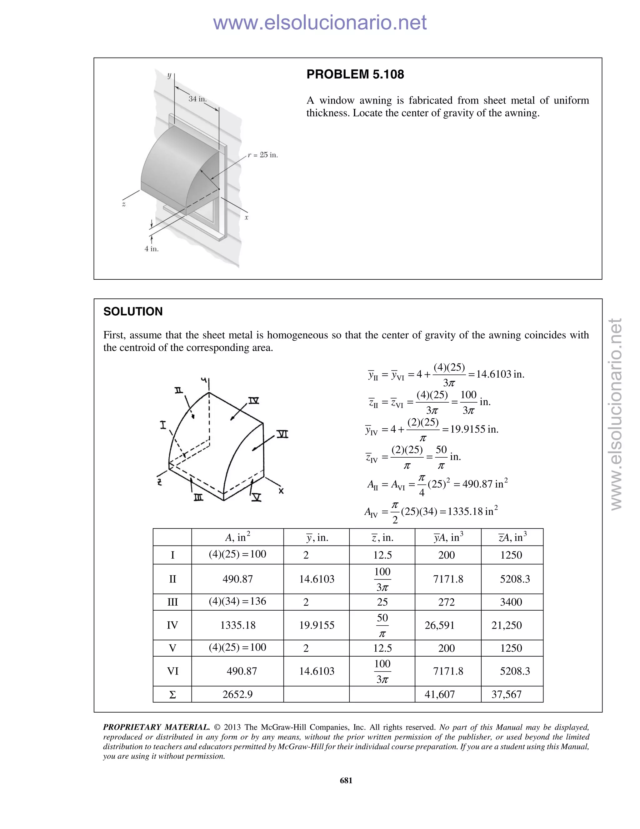 PROPRIETARY MATERIAL. © 2013 The McGraw-Hill Companies, Inc. All rights reserved. No part of this Manual may be displayed,
reproduced or distributed in any form or by any means, without the prior written permission of the publisher, or used beyond the limited
distribution to teachers and educators permitted by McGraw-Hill for their individual course preparation. If you are a student using this Manual,
you are using it without permission.
681
PROBLEM 5.108
A window awning is fabricated from sheet metal of uniform
thickness. Locate the center of gravity of the awning.
SOLUTION
First, assume that the sheet metal is homogeneous so that the center of gravity of the awning coincides with
the centroid of the corresponding area.
II VI
II VI
IV
IV
2 2
II VI
2
IV
(4)(25)
4 14.6103 in.
3
(4)(25) 100
in.
3 3
(2)(25)
4 19.9155 in.
(2)(25) 50
in.
(25) 490.87 in
4
(25)(34) 1335.18 in
2
y y
z z
y
z
A A
A
π
π π
π
π π
π
π
= = + =
= = =
= + =
= =
= = =
= =
2
, inA , in.y , in.z 3
, inyA 3
, inzA
I (4)(25) 100= 2 12.5 200 1250
II 490.87 14.6103
100
3π
7171.8 5208.3
III (4)(34) 136= 2 25 272 3400
IV 1335.18 19.9155
50
π
26,591 21,250
V (4)(25) 100= 2 12.5 200 1250
VI 490.87 14.6103
100
3π
7171.8 5208.3
Σ 2652.9 41,607 37,567
www.elsolucionario.net
www.elsolucionario.net
 