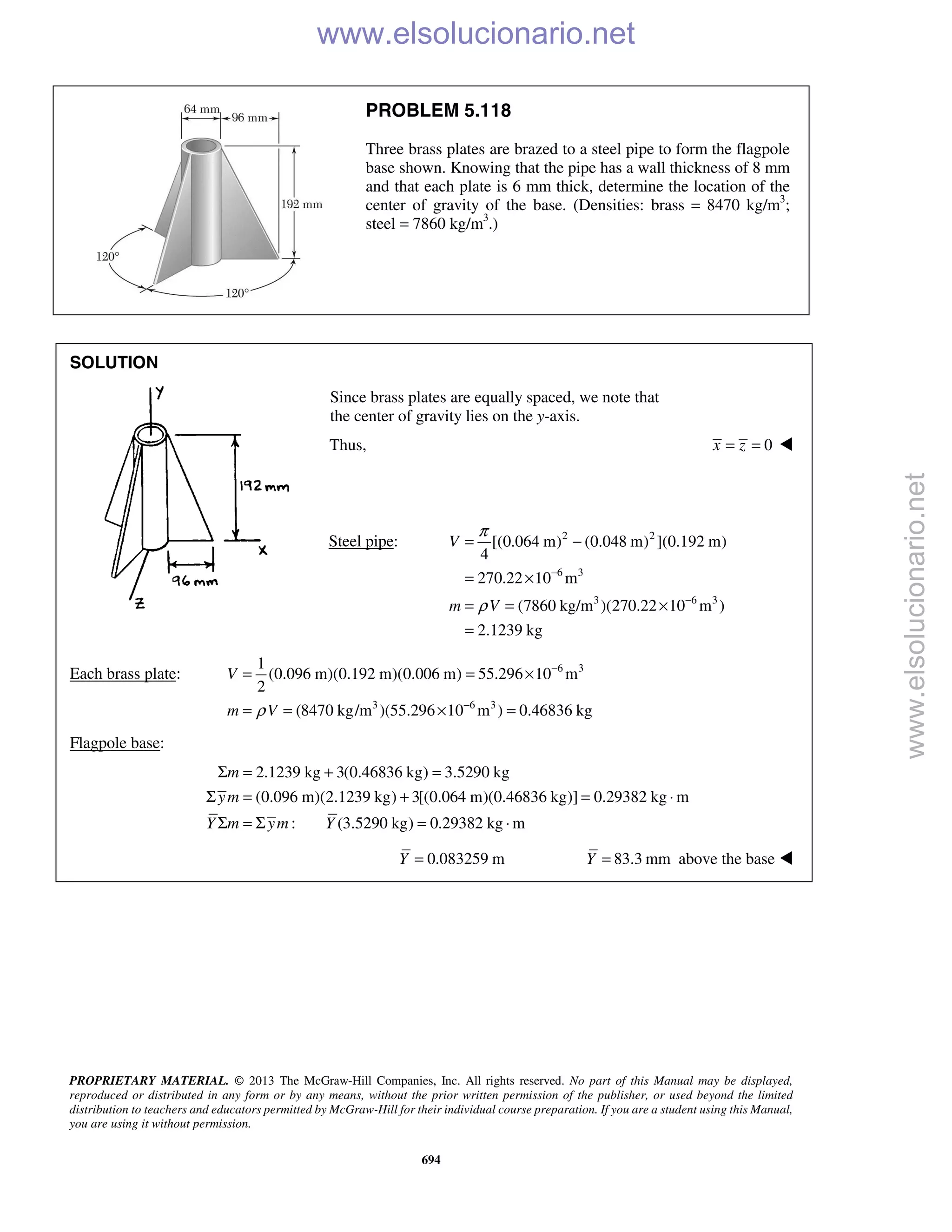 PROPRIETARY MATERIAL. © 2013 The McGraw-Hill Companies, Inc. All rights reserved. No part of this Manual may be displayed,
reproduced or distributed in any form or by any means, without the prior written permission of the publisher, or used beyond the limited
distribution to teachers and educators permitted by McGraw-Hill for their individual course preparation. If you are a student using this Manual,
you are using it without permission.
694
PROBLEM 5.118
Three brass plates are brazed to a steel pipe to form the flagpole
base shown. Knowing that the pipe has a wall thickness of 8 mm
and that each plate is 6 mm thick, determine the location of the
center of gravity of the base. (Densities: brass = 8470 kg/m3
;
steel = 7860 kg/m3
.)
SOLUTION
Since brass plates are equally spaced, we note that
the center of gravity lies on the y-axis.
Thus, 0x z= = 
Steel pipe: 2 2
6 3
3 6 3
[(0.064 m) (0.048 m) ](0.192 m)
4
270.22 10 m
(7860 kg/m )(270.22 10 m )
2.1239 kg
V
m V
π
ρ
−
−
= −
= ×
= = ×
=
Each brass plate: 6 3
3 6 3
1
(0.096 m)(0.192 m)(0.006 m) 55.296 10 m
2
(8470 kg/m )(55.296 10 m ) 0.46836 kgρ
−
−
= = ×
= = × =
V
m V
Flagpole base:
2.1239 kg 3(0.46836 kg) 3.5290 kg
(0.096 m)(2.1239 kg) 3[(0.064 m)(0.46836 kg)] 0.29382 kg m
: (3.5290 kg) 0.29382 kg m
m
ym
Y m ym Y
Σ = + =
Σ = + = ⋅
Σ = Σ = ⋅
0.083259 m=Y 83.3 mm=Y above the base 
www.elsolucionario.net
www.elsolucionario.net
 