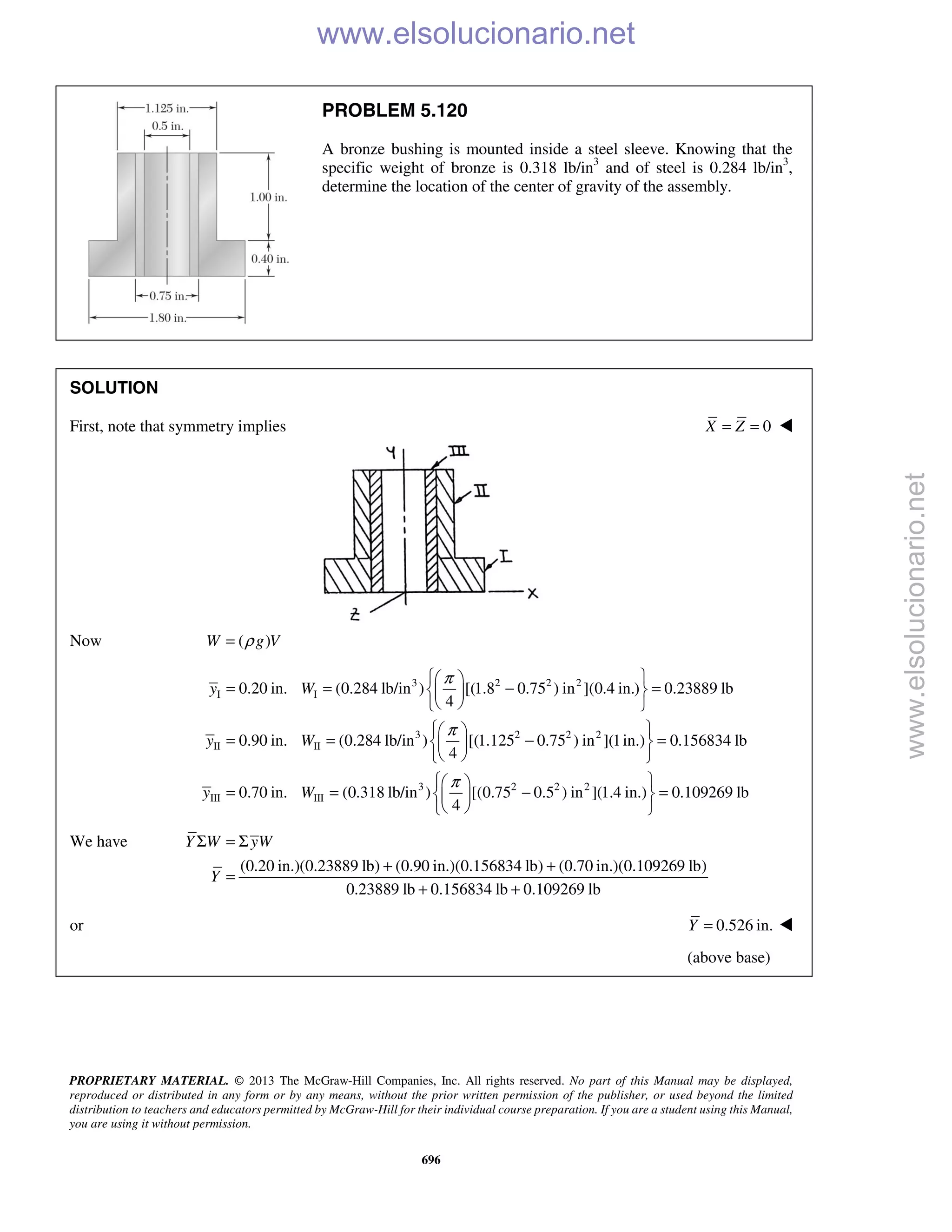 PROPRIETARY MATERIAL. © 2013 The McGraw-Hill Companies, Inc. All rights reserved. No part of this Manual may be displayed,
reproduced or distributed in any form or by any means, without the prior written permission of the publisher, or used beyond the limited
distribution to teachers and educators permitted by McGraw-Hill for their individual course preparation. If you are a student using this Manual,
you are using it without permission.
696
PROBLEM 5.120
A bronze bushing is mounted inside a steel sleeve. Knowing that the
specific weight of bronze is 0.318 lb/in3
and of steel is 0.284 lb/in3
,
determine the location of the center of gravity of the assembly.
SOLUTION
First, note that symmetry implies 0X Z= = 
Now ( )W g Vρ=
3 2 2 2
I I
3 2 2 2
II II
3 2
III III
0.20 in. (0.284 lb/in ) [(1.8 0.75 ) in ](0.4 in.) 0.23889 lb
4
0.90 in. (0.284 lb/in ) [(1.125 0.75 ) in ](1in.) 0.156834 lb
4
0.70 in. (0.318 lb/in ) [(0.75 0
4
y W
y W
y W
π
π
π
  
= = − =  
  
  
= = − =  
  
 
= = − 
 
2 2
.5 ) in ](1.4 in.) 0.109269 lb
 
= 
 
We have
(0.20 in.)(0.23889 lb) (0.90 in.)(0.156834 lb) (0.70 in.)(0.109269 lb)
0.23889 lb 0.156834 lb 0.109269 lb
Y W yW
Y
Σ = Σ
+ +
=
+ +
or 0.526 in.Y = 
(above base)
www.elsolucionario.net
www.elsolucionario.net
 