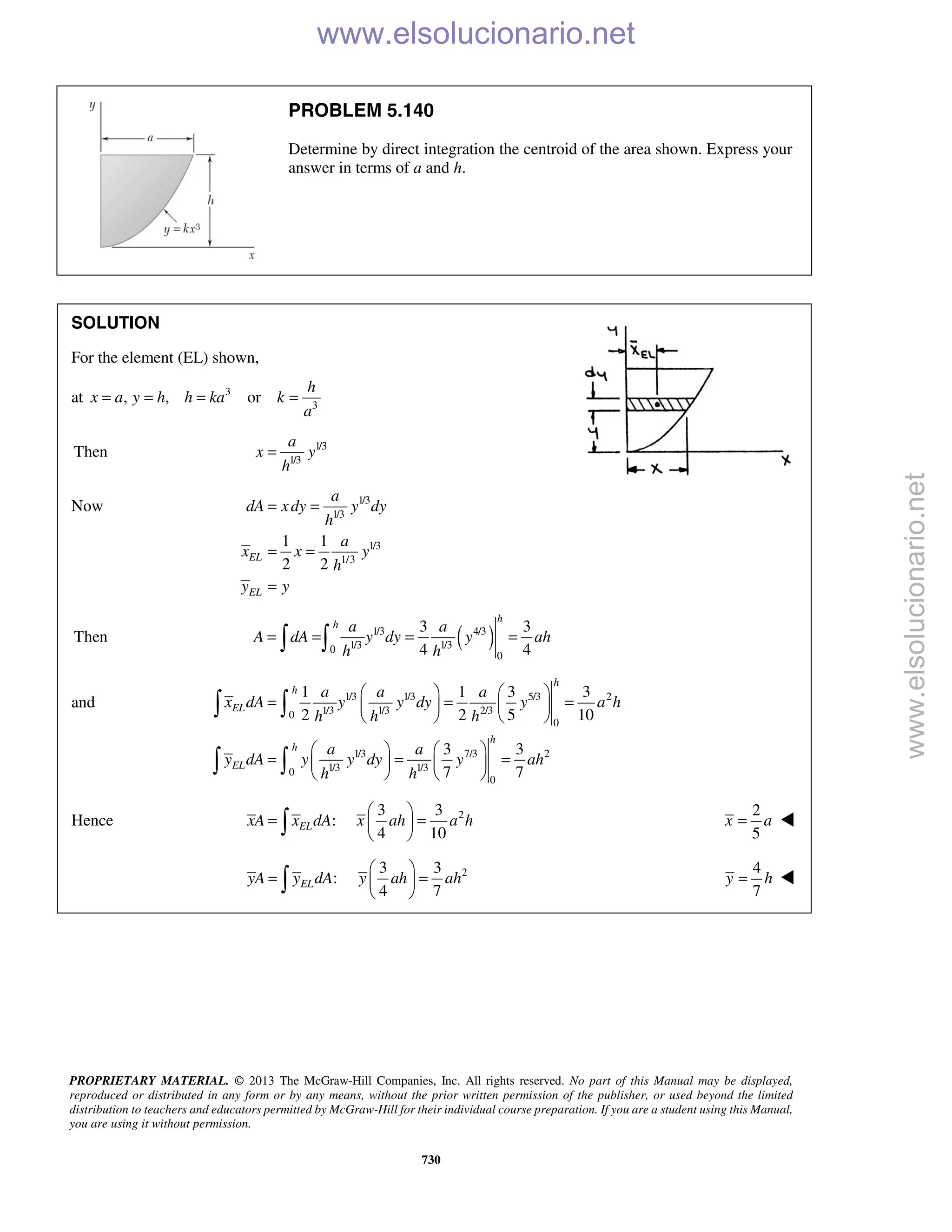 PROPRIETARY MATERIAL. © 2013 The McGraw-Hill Companies, Inc. All rights reserved. No part of this Manual may be displayed,
reproduced or distributed in any form or by any means, without the prior written permission of the publisher, or used beyond the limited
distribution to teachers and educators permitted by McGraw-Hill for their individual course preparation. If you are a student using this Manual,
you are using it without permission.
730
PROBLEM 5.140
Determine by direct integration the centroid of the area shown. Express your
answer in terms of a and h.
SOLUTION
For the element (EL) shown,
at 3
3
, , or
h
x a y h h ka k
a
= = = =
Then 1/3
1/3
a
x y
h
=
Now 1/3
1/3
1/3
1/3
1 1
2 2
EL
EL
a
dA xdy y dy
h
a
x x y
h
y y
= =
= =
=
Then ( )1/3 4/3
1/3 1/30
0
3 3
4 4
h
h a a
A dA y dy y ah
h h
= = = = 
and 1/3 1/3 5/3 2
1/3 1/3 2/30
0
1/3 7/3 2
1/3 1/30
0
1 1 3 3
2 2 5 10
3 3
7 7
h
h
EL
h
h
EL
a a a
x dA y y dy y a h
h h h
a a
y dA y y dy y ah
h h
   
= = =   
   
   
= = =   
   
 
 
Hence 23 3
:
4 10
ELxA x dA x ah a h
 
= = 
 
2
5
x a= 
23 3
:
4 7
ELyA y dA y ah ah
 
= = 
 
4
7
y h= 
www.elsolucionario.net
www.elsolucionario.net
 