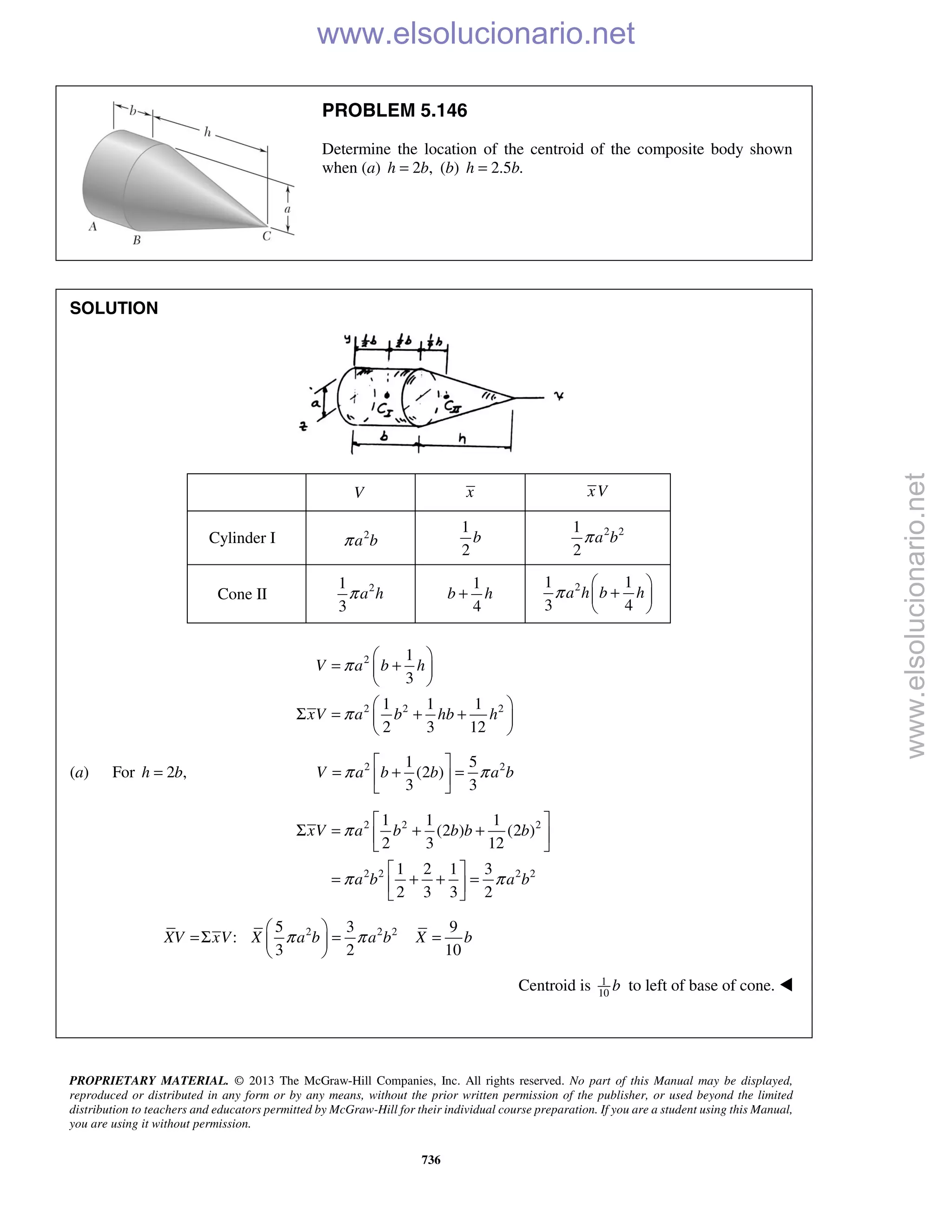 PROPRIETARY MATERIAL. © 2013 The McGraw-Hill Companies, Inc. All rights reserved. No part of this Manual may be displayed,
reproduced or distributed in any form or by any means, without the prior written permission of the publisher, or used beyond the limited
distribution to teachers and educators permitted by McGraw-Hill for their individual course preparation. If you are a student using this Manual,
you are using it without permission.
736
PROBLEM 5.146
Determine the location of the centroid of the composite body shown
when (a) 2 ,h b= (b) 2.5 .h b=
SOLUTION
V x xV
Cylinder I 2
a bπ
1
2
b 2 21
2
a bπ
Cone II 21
3
a hπ
1
4
b h+ 21 1
3 4
a h b hπ
 
+ 
 
2
2 2 2
1
3
1 1 1
2 3 12
V a b h
xV a b hb h
π
π
 
= + 
 
 
Σ = + + 
 
(a) For 2 ,h b= 2 21 5
(2 )
3 3
V a b b a bπ π
 
= + = 
 
2 2 2
2 2 2 2
1 1 1
(2 ) (2 )
2 3 12
1 2 1 3
2 3 3 2
xV a b b b b
a b a b
π
π π
 
Σ = + + 
 
 
= + + = 
 
2 2 25 3 9
:
3 2 10
XV xV X a b a b X bπ π
 
=Σ = = 
 
Centroid is 1
10
b to left of base of cone. 
www.elsolucionario.net
www.elsolucionario.net
 