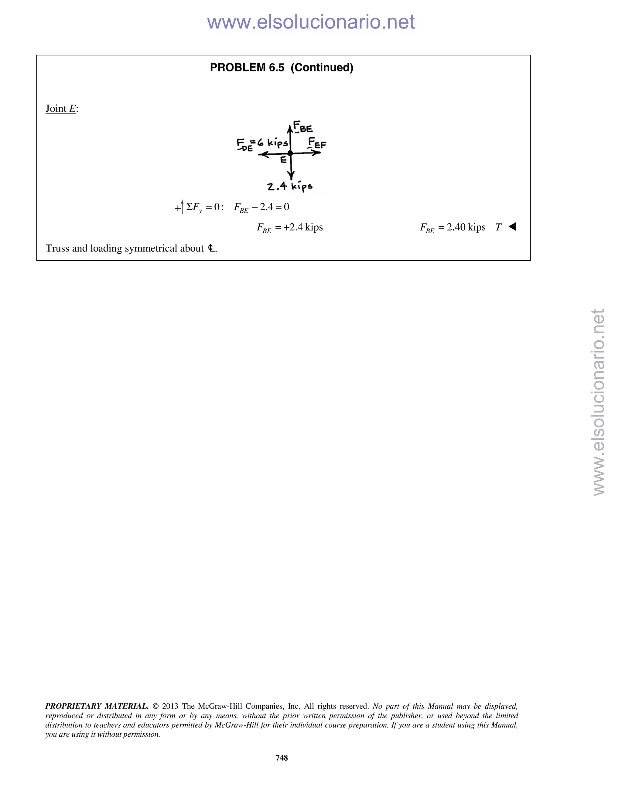 PROPRIETARY MATERIAL. © 2013 The McGraw-Hill Companies, Inc. All rights reserved. No part of this Manual may be displayed,
reproduced or distributed in any form or by any means, without the prior written permission of the publisher, or used beyond the limited
distribution to teachers and educators permitted by McGraw-Hill for their individual course preparation. If you are a student using this Manual,
you are using it without permission.
748
PROBLEM 6.5 (Continued)
Joint E:
0: 2.4 0y BEF FΣ = − =
2.4 kipsBEF = + 2.40 kipsBEF T= 
Truss and loading symmetrical about c .L
www.elsolucionario.net
www.elsolucionario.net
 