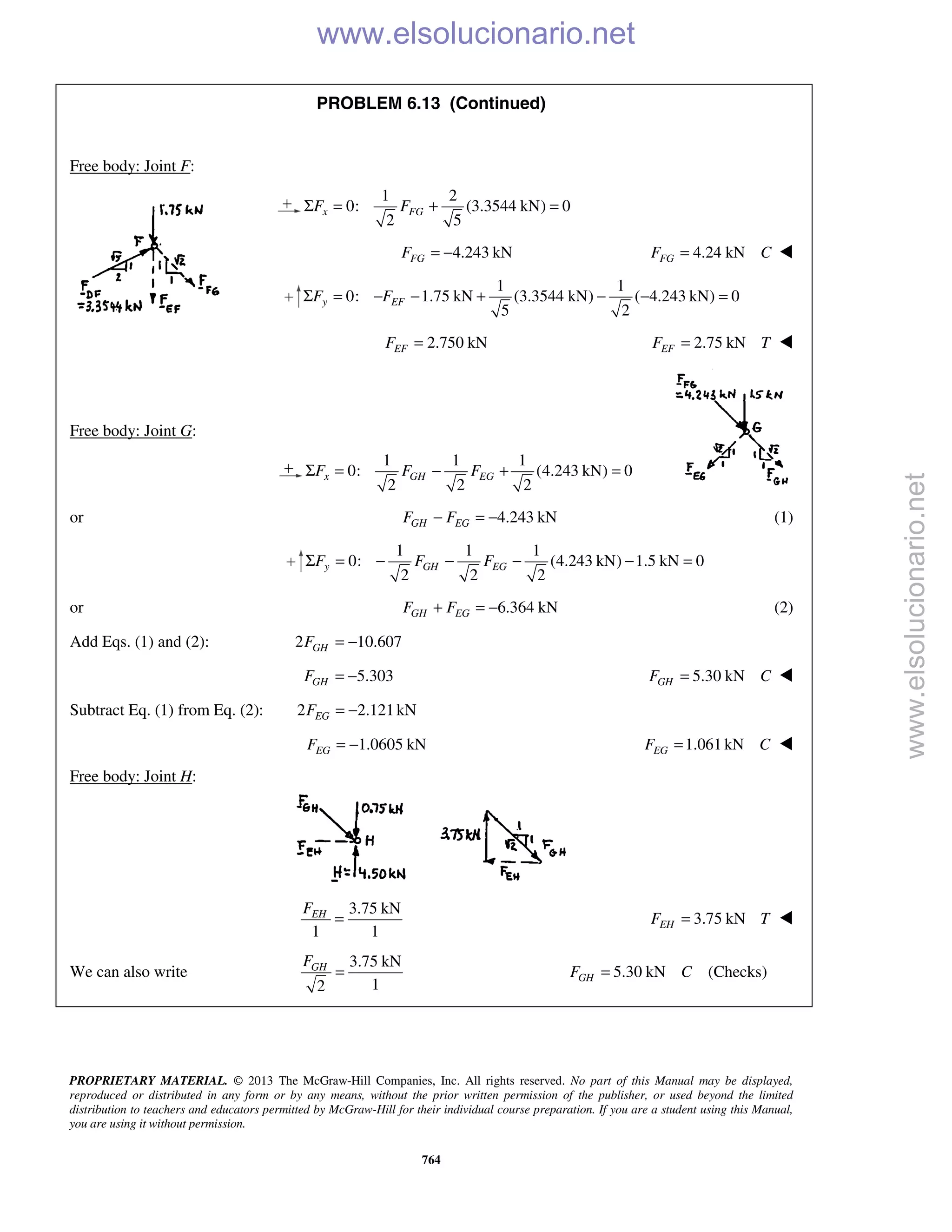 PROPRIETARY MATERIAL. © 2013 The McGraw-Hill Companies, Inc. All rights reserved. No part of this Manual may be displayed,
reproduced or distributed in any form or by any means, without the prior written permission of the publisher, or used beyond the limited
distribution to teachers and educators permitted by McGraw-Hill for their individual course preparation. If you are a student using this Manual,
you are using it without permission.
764
PROBLEM 6.13 (Continued)
Free body: Joint F:
1 2
0: (3.3544 kN) 0
2 5
x FGF FΣ = + =
4.243 kNFGF = − 4.24 kNFGF C= 
1 1
0: 1.75 kN (3.3544 kN) ( 4.243 kN) 0
5 2
y EFF FΣ = − − + − − =
2.750 kNEFF = 2.75 kNEFF T= 
Free body: Joint G:
1 1 1
0: (4.243 kN) 0
2 2 2
x GH EGF F FΣ = − + =
or 4.243 kNGH EGF F− = − (1)
1 1 1
0: (4.243 kN) 1.5 kN 0
2 2 2
y GH EGF F FΣ = − − − − =
or 6.364 kNGH EGF F+ = − (2)
Add Eqs. (1) and (2): 2 10.607GHF = −
5.303GHF = − 5.30 kNGHF C= 
Subtract Eq. (1) from Eq. (2): 2 2.121kNEGF = −
1.0605 kNEGF = − 1.061 kNEGF C= 
Free body: Joint H:
3.75 kN
1 1
EHF
= 3.75 kNEHF T= 
We can also write
3.75 kN
12
GHF
= 5.30 kN (Checks)GHF C=
www.elsolucionario.net
www.elsolucionario.net
 