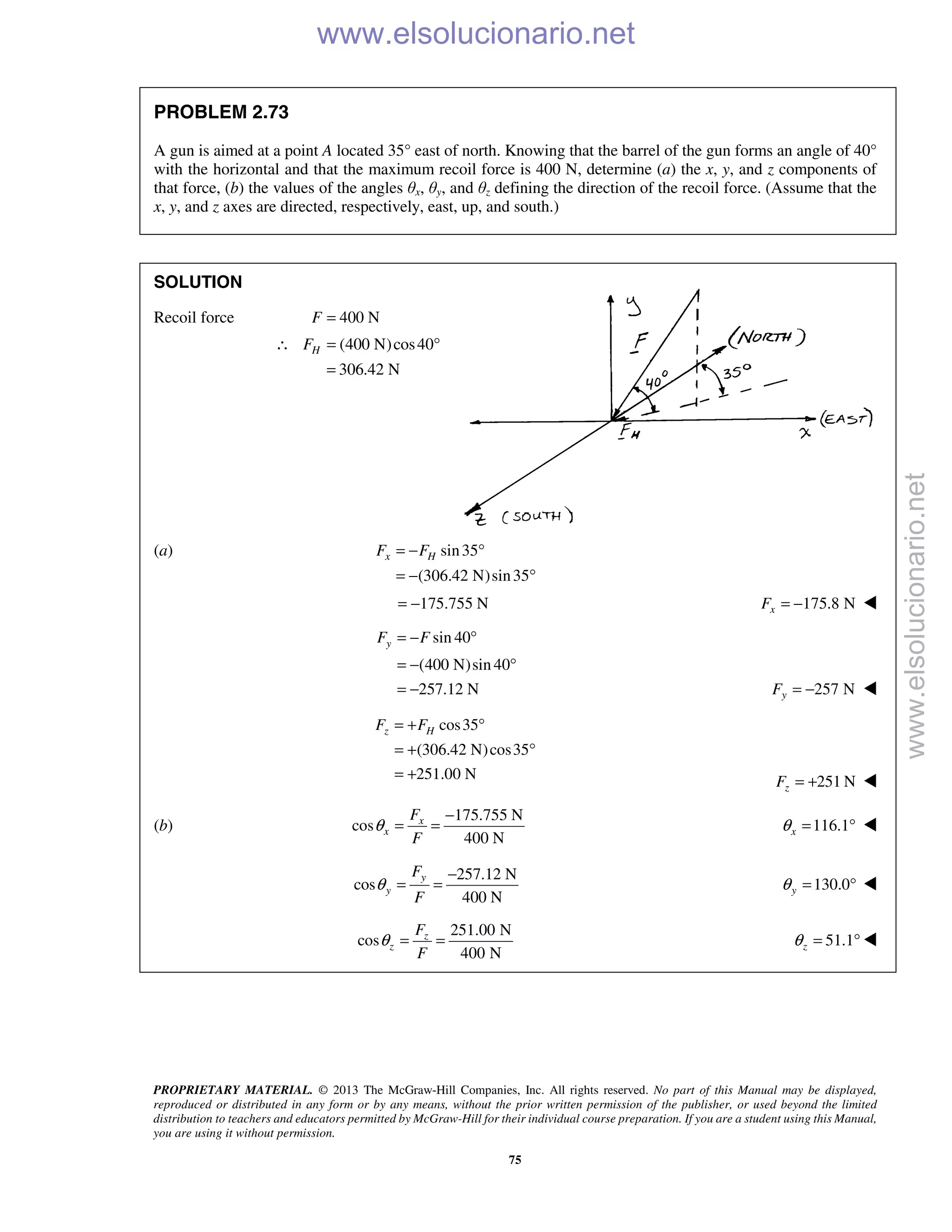 PROPRIETARY MATERIAL. © 2013 The McGraw-Hill Companies, Inc. All rights reserved. No part of this Manual may be displayed,
reproduced or distributed in any form or by any means, without the prior written permission of the publisher, or used beyond the limited
distribution to teachers and educators permitted by McGraw-Hill for their individual course preparation. If you are a student using this Manual,
you are using it without permission.
75
PROBLEM 2.73
A gun is aimed at a point A located 35° east of north. Knowing that the barrel of the gun forms an angle of 40°
with the horizontal and that the maximum recoil force is 400 N, determine (a) the x, y, and z components of
that force, (b) the values of the angles θx, θy, and θz defining the direction of the recoil force. (Assume that the
x, y, and z axes are directed, respectively, east, up, and south.)
SOLUTION
Recoil force 400 NF =
(400 N)cos40
306.42 N
HF∴ = °
=
(a) sin35
(306.42 N)sin35
x HF F= − °
= − °
175.755 N= − 175.8 NxF = − 
sin 40
(400 N)sin 40
257.12 N
yF F= − °
= − °
= − 257 NyF = − 
cos35
(306.42 N)cos35
251.00 N
z HF F= + °
= + °
= + 251 NzF = + 
(b)
175.755 N
cos
400 N
x
x
F
F
θ
−
= = 116.1xθ = ° 
257.12 N
cos
400 N
y
y
F
F
θ
−
= = 130.0yθ = ° 
251.00 N
cos
400 N
z
z
F
F
θ = = 51.1zθ = ° 
www.elsolucionario.net
www.elsolucionario.net
 