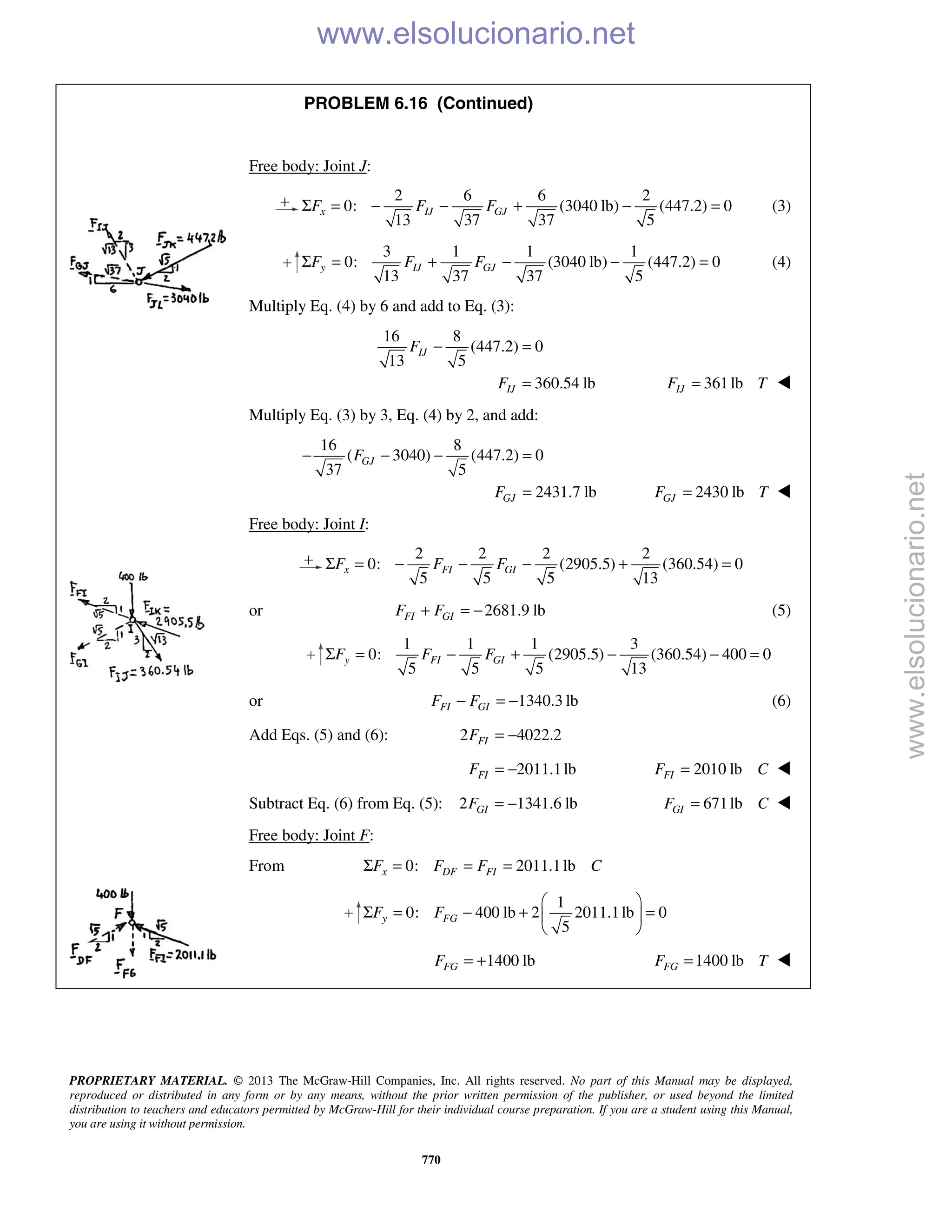 PROPRIETARY MATERIAL. © 2013 The McGraw-Hill Companies, Inc. All rights reserved. No part of this Manual may be displayed,
reproduced or distributed in any form or by any means, without the prior written permission of the publisher, or used beyond the limited
distribution to teachers and educators permitted by McGraw-Hill for their individual course preparation. If you are a student using this Manual,
you are using it without permission.
770
PROBLEM 6.16 (Continued)
Free body: Joint J:
2 6 6 2
0: (3040 lb) (447.2) 0
13 37 37 5
x IJ GJF F FΣ = − − + − = (3)
3 1 1 1
0: (3040 lb) (447.2) 0
13 37 37 5
y IJ GJF F FΣ = + − − = (4)
Multiply Eq. (4) by 6 and add to Eq. (3):
16 8
(447.2) 0
13 5
360.54 lb
IJ
IJ
F
F
− =
= 361lbIJF T= 
Multiply Eq. (3) by 3, Eq. (4) by 2, and add:
16 8
( 3040) (447.2) 0
37 5
2431.7 lb
GJ
GJ
F
F
− − − =
= 2430 lbGJF T= 
Free body: Joint I:
2 2 2 2
0: (2905.5) (360.54) 0
5 5 5 13
Σ = − − − + =x FI GIF F F
or 2681.9 lbFI GIF F+ = − (5)
1 1 1 3
0: (2905.5) (360.54) 400 0
5 5 5 13
Σ = − + − − =y FI GIF F F
or 1340.3 lbFI GIF F− = − (6)
Add Eqs. (5) and (6): 2 4022.2FIF = −
2011.1lbFIF = − 2010 lbFIF C= 
Subtract Eq. (6) from Eq. (5): 2 1341.6 lbGIF = − 671lbGIF C= 
Free body: Joint F:
From 0: 2011.1lbx DF FIF F F CΣ = = =
1
0: 400 lb 2 2011.1lb 0
5
y FGF F
 
Σ = − + = 
 
1400 lbFGF = + 1400 lbFGF T= 
www.elsolucionario.net
www.elsolucionario.net
 