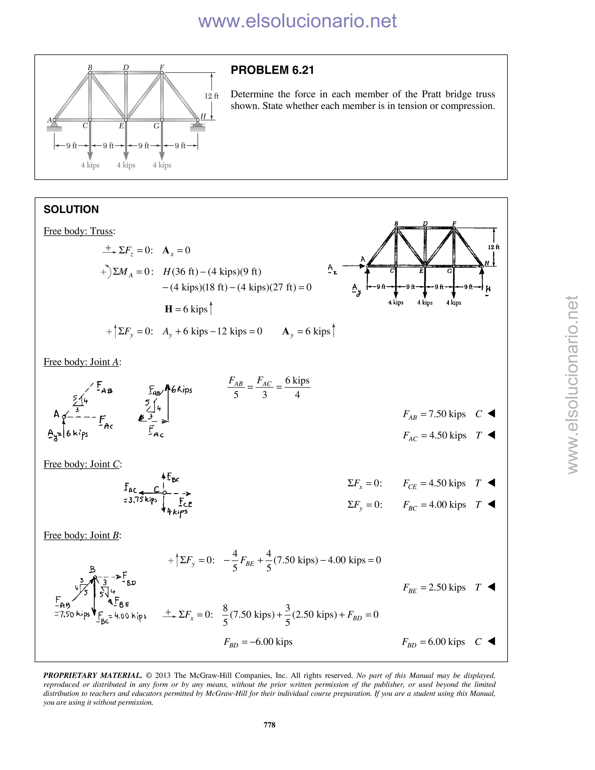 PROPRIETARY MATERIAL. © 2013 The McGraw-Hill Companies, Inc. All rights reserved. No part of this Manual may be displayed,
reproduced or distributed in any form or by any means, without the prior written permission of the publisher, or used beyond the limited
distribution to teachers and educators permitted by McGraw-Hill for their individual course preparation. If you are a student using this Manual,
you are using it without permission.
778
PROBLEM 6.21
Determine the force in each member of the Pratt bridge truss
shown. State whether each member is in tension or compression.
SOLUTION
Free body: Truss:
0: 0z xFΣ = =A
0: (36 ft) (4 kips)(9 ft)
(4 kips)(18 ft) (4 kips)(27 ft) 0
AM HΣ = −
− − =
6 kips=H
0: 6 kips 12 kips 0 6 kipsy y yF AΣ = + − = =A
Free body: Joint A:
6 kips
5 3 4
ACAB FF
= =
7.50 kipsABF C= 
4.50 kipsACF T= 
Free body: Joint C:
0:xFΣ = 4.50 kipsCEF T= 
0:yFΣ = 4.00 kipsBCF T= 
Free body: Joint B:
4 4
0: (7.50 kips) 4.00 kips 0
5 5
y BEF FΣ = − + − = 
2.50 kipsBEF T= 
8 3
0: (7.50 kips) (2.50 kips) 0
5 5
x BDF FΣ = + + = 
6.00 kipsBDF = − 6.00 kipsBDF C= 
www.elsolucionario.net
www.elsolucionario.net
 