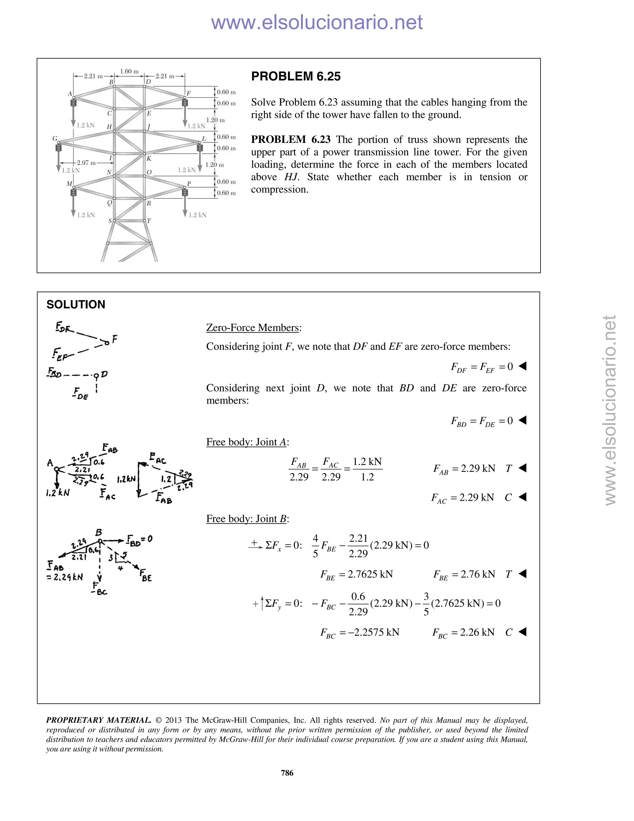 PROPRIETARY MATERIAL. © 2013 The McGraw-Hill Companies, Inc. All rights reserved. No part of this Manual may be displayed,
reproduced or distributed in any form or by any means, without the prior written permission of the publisher, or used beyond the limited
distribution to teachers and educators permitted by McGraw-Hill for their individual course preparation. If you are a student using this Manual,
you are using it without permission.
786
PROBLEM 6.25
Solve Problem 6.23 assuming that the cables hanging from the
right side of the tower have fallen to the ground.
PROBLEM 6.23 The portion of truss shown represents the
upper part of a power transmission line tower. For the given
loading, determine the force in each of the members located
above HJ. State whether each member is in tension or
compression.
SOLUTION
Zero-Force Members:
Considering joint F, we note that DF and EF are zero-force members:
0= =DF EFF F 
Considering next joint D, we note that BD and DE are zero-force
members:
0BD DEF F= = 
Free body: Joint A:
1.2 kN
2.29 2.29 1.2
ACAB FF
= = 2.29 kNABF T= 
2.29 kNACF C= 
Free body: Joint B:
4 2.21
0: (2.29 kN) 0
5 2.29
Σ = − =x BEF F
2.7625 kNBEF = 2.76 kNBEF T= 
0.6 3
0: (2.29 kN) (2.7625 kN) 0
2.29 5
y BCF FΣ = − − − =
2.2575 kNBCF = − 2.26 kNBCF C= 
www.elsolucionario.net
www.elsolucionario.net
 