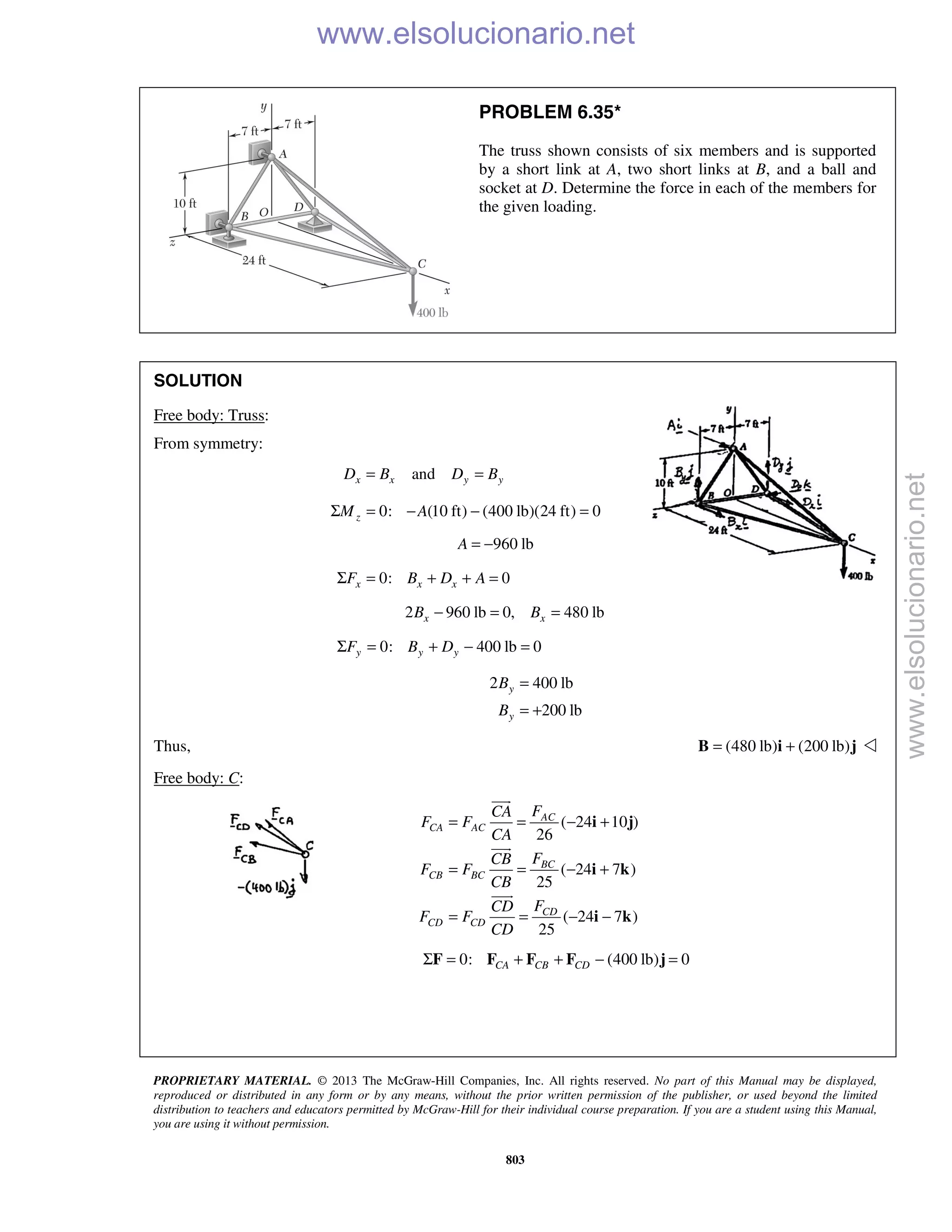 PROPRIETARY MATERIAL. © 2013 The McGraw-Hill Companies, Inc. All rights reserved. No part of this Manual may be displayed,
reproduced or distributed in any form or by any means, without the prior written permission of the publisher, or used beyond the limited
distribution to teachers and educators permitted by McGraw-Hill for their individual course preparation. If you are a student using this Manual,
you are using it without permission.
803
PROBLEM 6.35*
The truss shown consists of six members and is supported
by a short link at A, two short links at B, and a ball and
socket at D. Determine the force in each of the members for
the given loading.
SOLUTION
Free body: Truss:
From symmetry:
and= =x x y yD B D B
0: (10 ft) (400 lb)(24 ft) 0zM AΣ = − − =
960 lbA = −
0: 0x x xF B D AΣ = + + =
2 960 lb 0, 480 lbx xB B− = =
0: 400 lb 0y y yF B DΣ = + − =
2 400 lb
200 lb
y
y
B
B
=
= +
Thus, (480 lb) (200 lb)= +B i j 
Free body: C:
( 24 10 )
26
( 24 7 )
25
( 24 7 )
25
AC
CA AC
BC
CB BC
CD
CD CD
FCA
F F
CA
FCB
F F
CB
FCD
F F
CD
= = − +
= = − +
= = − −
i j
i k
i k



0: (400 lb) 0CA CB CDΣ = + + − =F F F F j
www.elsolucionario.net
www.elsolucionario.net
 