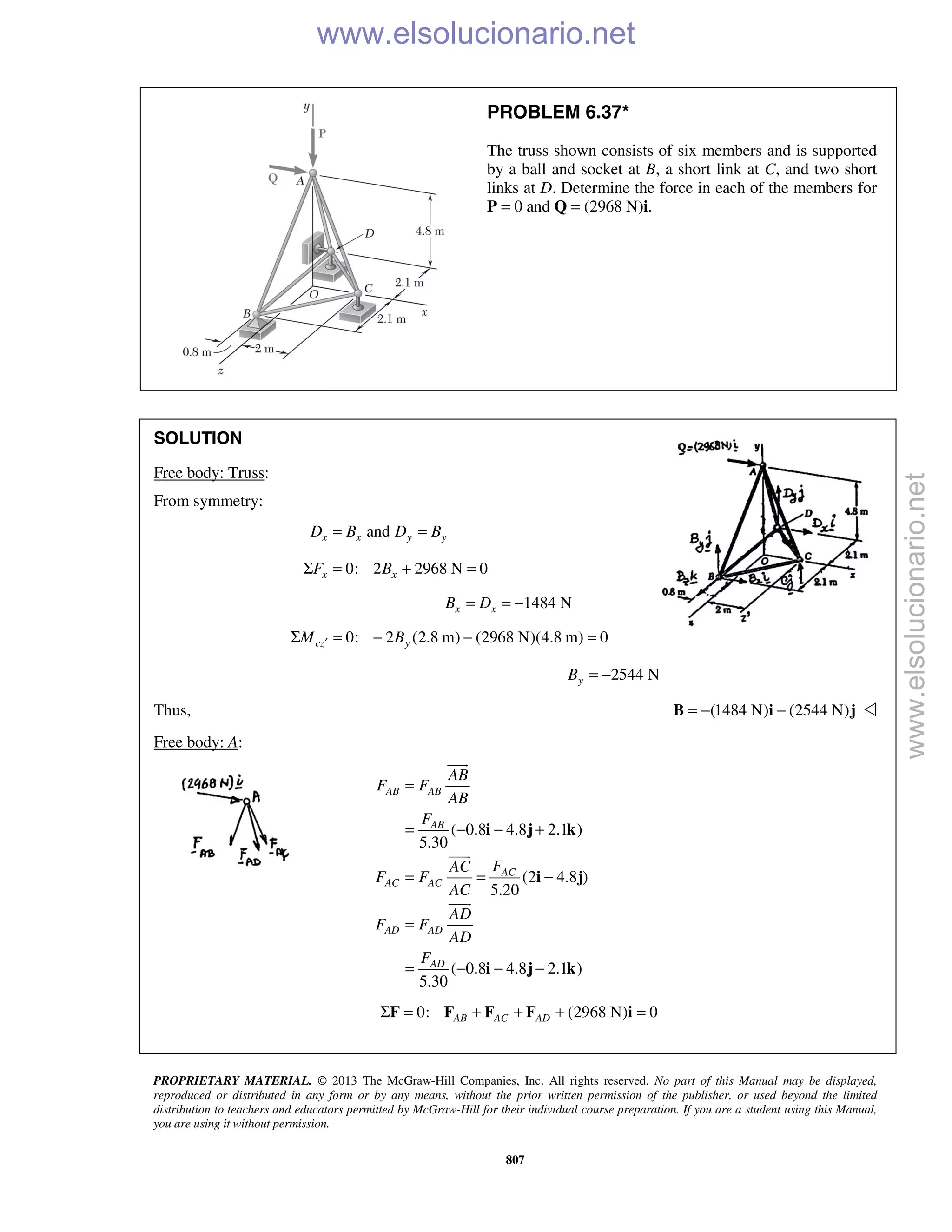 PROPRIETARY MATERIAL. © 2013 The McGraw-Hill Companies, Inc. All rights reserved. No part of this Manual may be displayed,
reproduced or distributed in any form or by any means, without the prior written permission of the publisher, or used beyond the limited
distribution to teachers and educators permitted by McGraw-Hill for their individual course preparation. If you are a student using this Manual,
you are using it without permission.
807
PROBLEM 6.37*
The truss shown consists of six members and is supported
by a ball and socket at B, a short link at C, and two short
links at D. Determine the force in each of the members for
P = 0 and Q = (2968 N)i.
SOLUTION
Free body: Truss:
From symmetry:
andx x y yD B D B= =
0: 2 2968 N 0x xF BΣ = + =
1484 Nx xB D= = −
0: 2 (2.8 m) (2968 N)(4.8 m) 0cz yM B′Σ = − − =
2544 NyB = −
Thus, (1484 N) (2544 N)= − −B i j 
Free body: A:
( 0.8 4.8 2.1 )
5.30
(2 4.8 )
5.20
( 0.8 4.8 2.1 )
5.30
AB AB
AB
AC
AC AC
AD AD
AD
AB
F F
AB
F
FAC
F F
AC
AD
F F
AD
F
=
= − − +
= = −
=
= − − −
i j k
i j
i j k



0: (2968 N) 0AB AC ADΣ = + + + =F F F F i
www.elsolucionario.net
www.elsolucionario.net
 