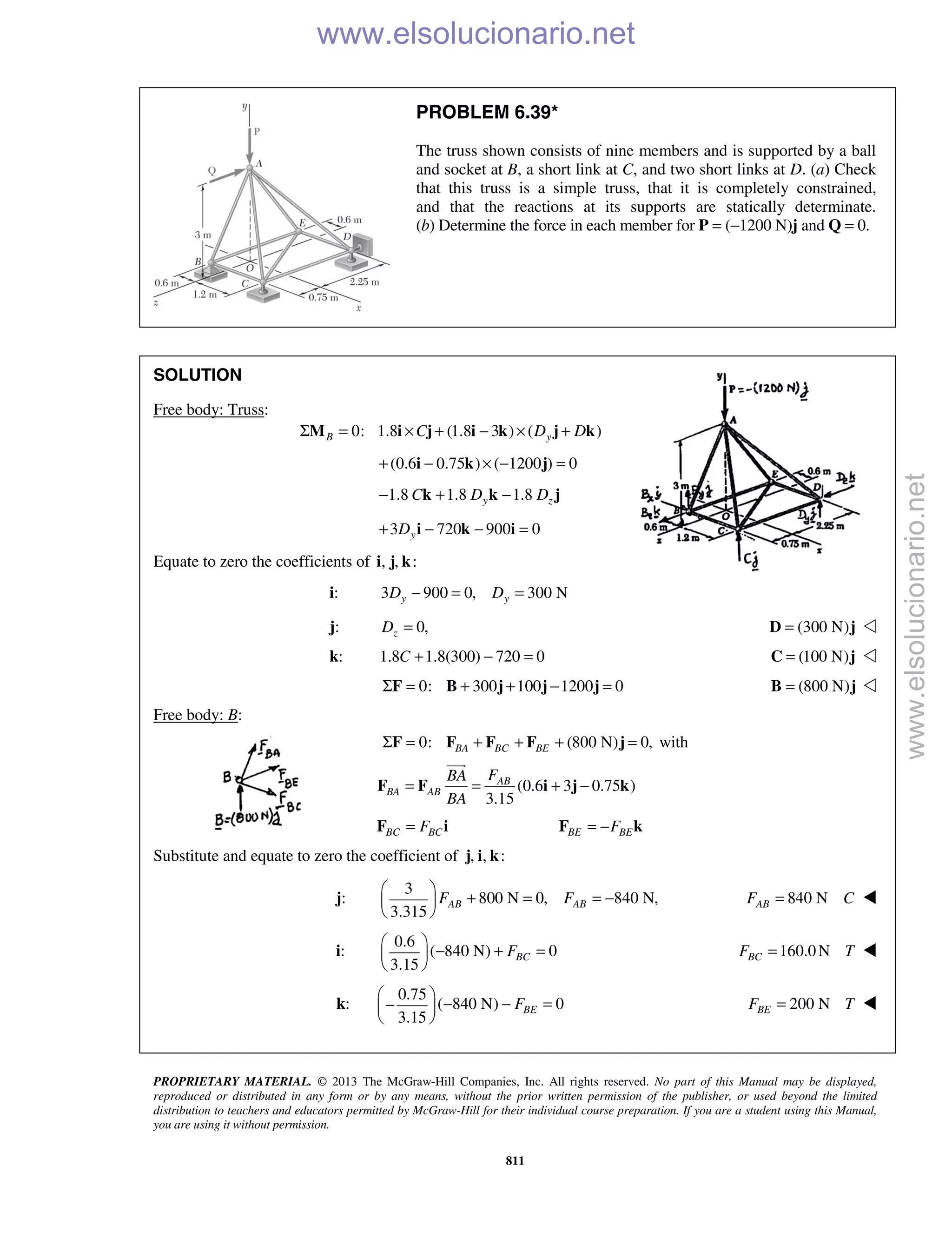 PROPRIETARY MATERIAL. © 2013 The McGraw-Hill Companies, Inc. All rights reserved. No part of this Manual may be displayed,
reproduced or distributed in any form or by any means, without the prior written permission of the publisher, or used beyond the limited
distribution to teachers and educators permitted by McGraw-Hill for their individual course preparation. If you are a student using this Manual,
you are using it without permission.
811
PROBLEM 6.39*
The truss shown consists of nine members and is supported by a ball
and socket at B, a short link at C, and two short links at D. (a) Check
that this truss is a simple truss, that it is completely constrained,
and that the reactions at its supports are statically determinate.
(b) Determine the force in each member for P = (−1200 N)j and Q = 0.
SOLUTION
Free body: Truss:
0: 1.8 (1.8 3 ) ( )B yC D DΣ = × + − × +M i j i k j k
(0.6 0.75 ) ( 1200 ) 0+ − × − =i k j
1.8 1.8 1.8y zC D D− + −k k j
3 720 900 0yD+ − − =i k i
Equate to zero the coefficients of , , :i j k
i: 3 900 0, 300 Ny yD D− = =
j: 0,=zD (300 N)=D j 
k: 1.8 1.8(300) 720 0C + − = (100 N)=C j 
0: 300 100 1200 0Σ = + + − =F B j j j (800 N)=B j 
Free body: B:
0: (800 N) 0,BA BC BEΣ = + + + =F F F F j with
(0.6 3 0.75 )
3.15
AB
BA AB
FBA
BA
= = + −F F i j k

BC BCF=F i BE BEF= −F k
Substitute and equate to zero the coefficient of , , :j i k
j:
3
800 N 0, 840 N,
3.315
AB ABF F
 
+ = = − 
 
840 NABF C= 
i:
0.6
( 840 N) 0
3.15
BCF
 
− + = 
 
160.0N=BCF T 
k:
0.75
( 840 N) 0
3.15
BEF
 
− − =− 
 
200 NBEF T= 
www.elsolucionario.net
www.elsolucionario.net
 