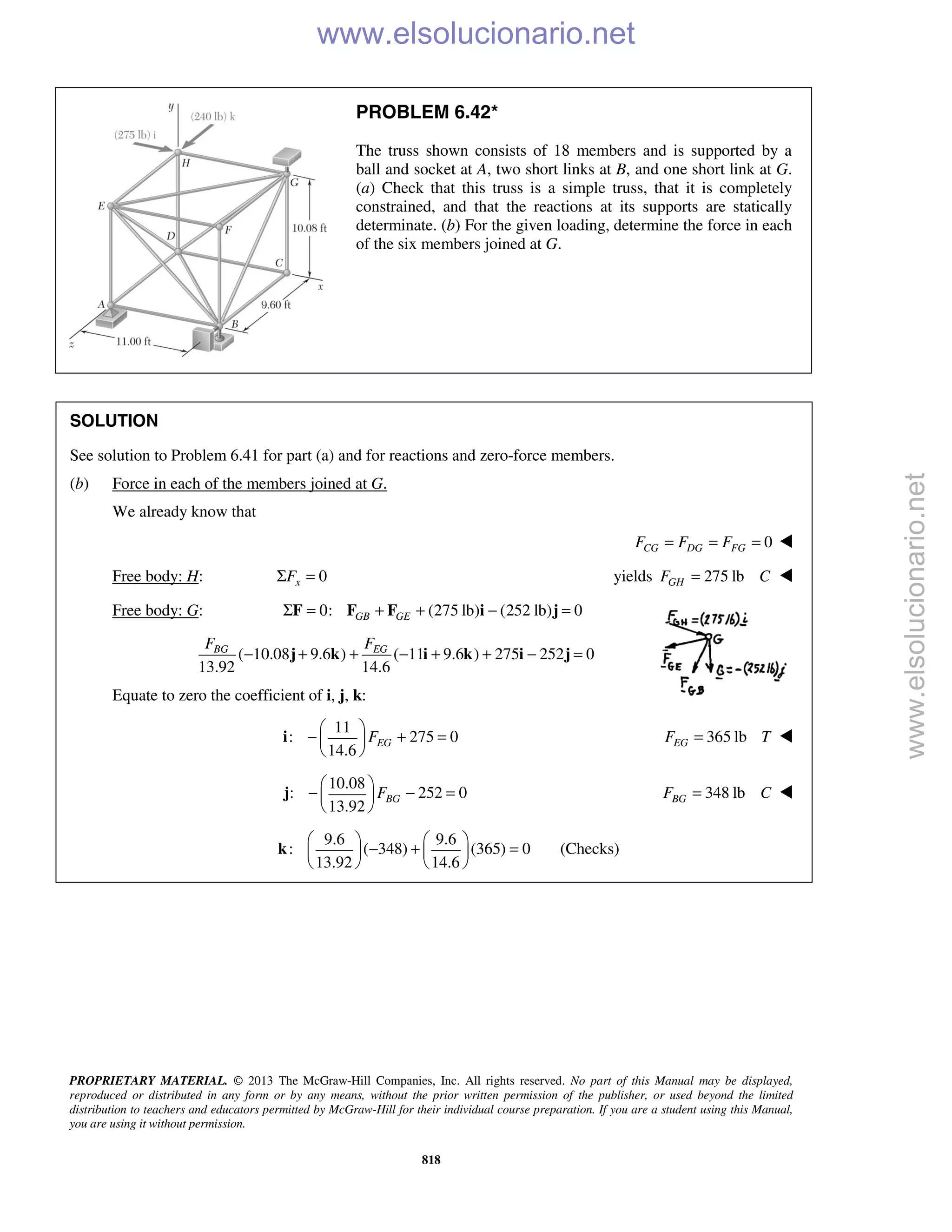 PROPRIETARY MATERIAL. © 2013 The McGraw-Hill Companies, Inc. All rights reserved. No part of this Manual may be displayed,
reproduced or distributed in any form or by any means, without the prior written permission of the publisher, or used beyond the limited
distribution to teachers and educators permitted by McGraw-Hill for their individual course preparation. If you are a student using this Manual,
you are using it without permission.
818
PROBLEM 6.42*
The truss shown consists of 18 members and is supported by a
ball and socket at A, two short links at B, and one short link at G.
(a) Check that this truss is a simple truss, that it is completely
constrained, and that the reactions at its supports are statically
determinate. (b) For the given loading, determine the force in each
of the six members joined at G.
SOLUTION
See solution to Problem 6.41 for part (a) and for reactions and zero-force members.
(b) Force in each of the members joined at G.
We already know that
0CG DG FGF F F= = = 
Free body: H: 0xFΣ = yields 275 lbGHF C= 
Free body: G: 0: (275 lb) (252 lb) 0GB GEΣ = + + − =F F F i j
( 10.08 9.6 ) ( 11 9.6 ) 275 252 0
13.92 14.6
− + + − + + − =BG EGF F
j k i k i j
Equate to zero the coefficient of i, j, k:
11
: 275 0
14.6
EGF
 
− + = 
 
i 365 lbEGF T= 
10.08
: 252 0
13.92
BGF
 
− − = 
 
j 348 lbBGF C= 
9.6 9.6
: ( 348) (365) 0
13.92 14.6
   
− + =   
   
k (Checks)
www.elsolucionario.net
www.elsolucionario.net
 