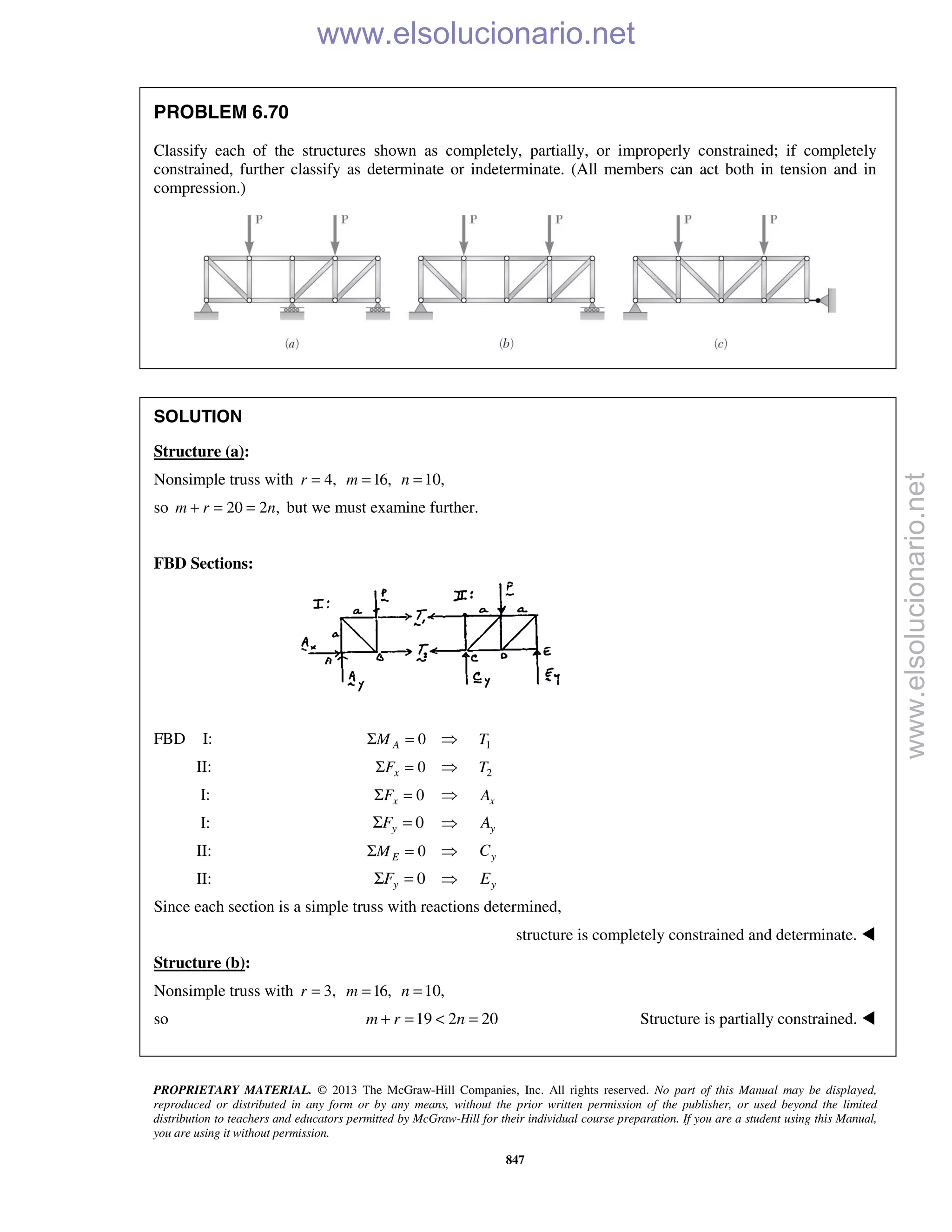 PROPRIETARY MATERIAL. © 2013 The McGraw-Hill Companies, Inc. All rights reserved. No part of this Manual may be displayed,
reproduced or distributed in any form or by any means, without the prior written permission of the publisher, or used beyond the limited
distribution to teachers and educators permitted by McGraw-Hill for their individual course preparation. If you are a student using this Manual,
you are using it without permission.
847
PROBLEM 6.70
Classify each of the structures shown as completely, partially, or improperly constrained; if completely
constrained, further classify as determinate or indeterminate. (All members can act both in tension and in
compression.)
SOLUTION
Structure (a):
Nonsimple truss with 4,r = 16,m = 10,n =
so 20 2 ,m r n+ = = but we must examine further.
FBD Sections:
FBD I: 0AMΣ =  1T
II: 0xFΣ =  2T
I: 0xFΣ =  xA
I: 0yFΣ =  yA
II: 0EMΣ =  yC
II: 0yFΣ =  yE
Since each section is a simple truss with reactions determined,
structure is completely constrained and determinate. 
Structure (b):
Nonsimple truss with 3,r = 16,m = 10,n =
so 19 2 20m r n+ = < = Structure is partially constrained. 
www.elsolucionario.net
www.elsolucionario.net
 