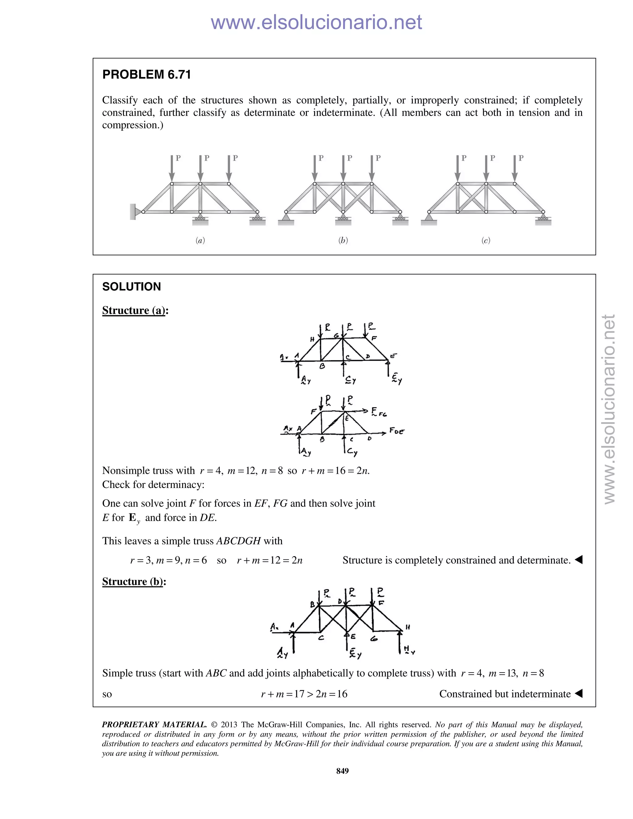 PROPRIETARY MATERIAL. © 2013 The McGraw-Hill Companies, Inc. All rights reserved. No part of this Manual may be displayed,
reproduced or distributed in any form or by any means, without the prior written permission of the publisher, or used beyond the limited
distribution to teachers and educators permitted by McGraw-Hill for their individual course preparation. If you are a student using this Manual,
you are using it without permission.
849
PROBLEM 6.71
Classify each of the structures shown as completely, partially, or improperly constrained; if completely
constrained, further classify as determinate or indeterminate. (All members can act both in tension and in
compression.)
SOLUTION
Structure (a):
Nonsimple truss with 4,r = 12,m = 8n = so 16 2 .r m n+ = =
Check for determinacy:
One can solve joint F for forces in EF, FG and then solve joint
E for yE and force in DE.
This leaves a simple truss ABCDGH with
3, 9, 6 so 12 2r m n r m n= = = + = = Structure is completely constrained and determinate. 
Structure (b):
Simple truss (start with ABC and add joints alphabetically to complete truss) with 4,r = 13,m = 8n =
so 17 2 16r m n+ = > = Constrained but indeterminate 
www.elsolucionario.net
www.elsolucionario.net
 