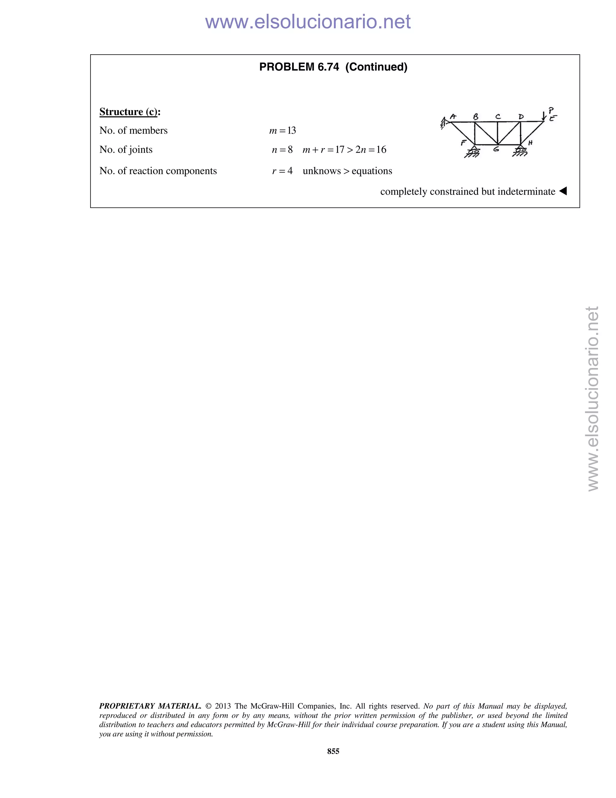 PROPRIETARY MATERIAL. © 2013 The McGraw-Hill Companies, Inc. All rights reserved. No part of this Manual may be displayed,
reproduced or distributed in any form or by any means, without the prior written permission of the publisher, or used beyond the limited
distribution to teachers and educators permitted by McGraw-Hill for their individual course preparation. If you are a student using this Manual,
you are using it without permission.
855
PROBLEM 6.74 (Continued)
Structure (c):
No. of members 13m =
No. of joints 8 17 2 16n m r n= + = > =
No. of reaction components 4 unknows equationsr = >
completely constrained but indeterminate 
www.elsolucionario.net
www.elsolucionario.net
 