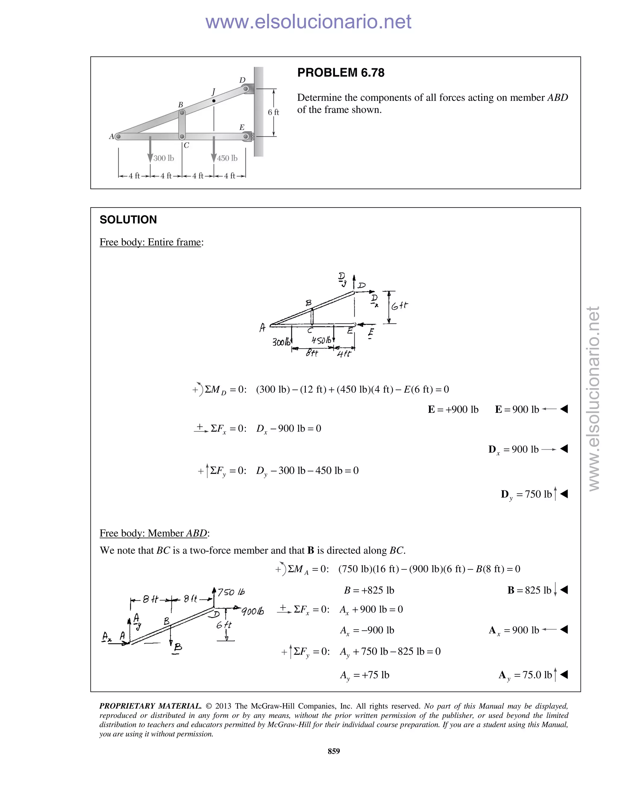 PROPRIETARY MATERIAL. © 2013 The McGraw-Hill Companies, Inc. All rights reserved. No part of this Manual may be displayed,
reproduced or distributed in any form or by any means, without the prior written permission of the publisher, or used beyond the limited
distribution to teachers and educators permitted by McGraw-Hill for their individual course preparation. If you are a student using this Manual,
you are using it without permission.
859
PROBLEM 6.78
Determine the components of all forces acting on member ABD
of the frame shown.
SOLUTION
Free body: Entire frame:
0: (300 lb) (12 ft) (450 lb)(4 ft) (6 ft) 0DM EΣ = − + − =
900 lb= +E 900 lb=E 
0: 900 lb 0x xF DΣ = − =
900 lbx =D 
0: 300 lb 450 lb 0y yF DΣ = − − =
750 lby =D 
Free body: Member ABD:
We note that BC is a two-force member and that B is directed along BC.
0: (750 lb)(16 ft) (900 lb)(6 ft) (8 ft) 0AM BΣ = − − =
825 lbB = + 825 lb=B 
0: 900 lb 0x xF AΣ = + =
900 lbxA = − 900 lbx =A 
0: 750 lb 825 lb 0y yF AΣ = + − =
75 lbyA = + 75.0 lby =A 
www.elsolucionario.net
www.elsolucionario.net
 