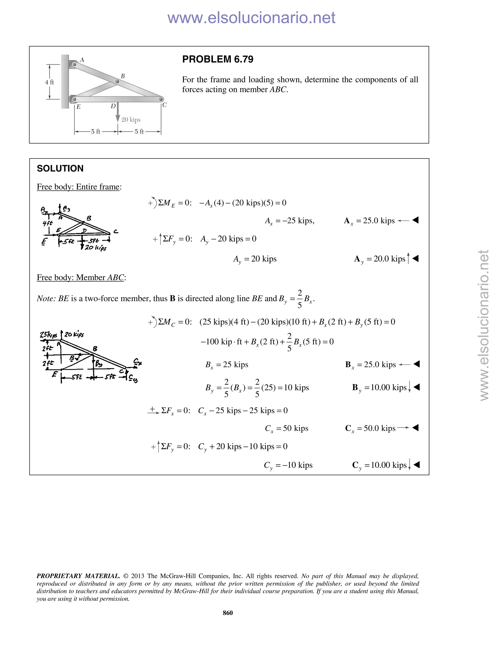 PROPRIETARY MATERIAL. © 2013 The McGraw-Hill Companies, Inc. All rights reserved. No part of this Manual may be displayed,
reproduced or distributed in any form or by any means, without the prior written permission of the publisher, or used beyond the limited
distribution to teachers and educators permitted by McGraw-Hill for their individual course preparation. If you are a student using this Manual,
you are using it without permission.
860
PROBLEM 6.79
For the frame and loading shown, determine the components of all
forces acting on member ABC.
SOLUTION
Free body: Entire frame:
0: (4) (20 kips)(5) 0E xM AΣ = − − =
25 kips,xA = − 25.0 kipsx =A 
0: 20 kips 0y yF AΣ = − =
20 kipsyA = 20.0 kipsy =A 
Free body: Member ABC:
Note: BE is a two-force member, thus B is directed along line BE and
2
.
5
y xB B=
0: (25 kips)(4 ft) (20 kips)(10 ft) (2 ft) (5 ft) 0C x yM B BΣ = − + + =
2
100 kip ft (2 ft) (5 ft) 0
5
x xB B− ⋅ + + =
25 kipsxB = 25.0 kipsx =B 
2 2
( ) (25) 10 kips
5 5
y xB B= = = 10.00 kipsy =B 
0: 25 kips 25 kips 0x xF CΣ = − − =
50 kipsxC = 50.0 kipsx =C 
0: 20 kips 10 kips 0y yF CΣ = + − =
10 kipsyC = − 10.00 kipsy =C 
www.elsolucionario.net
www.elsolucionario.net
 