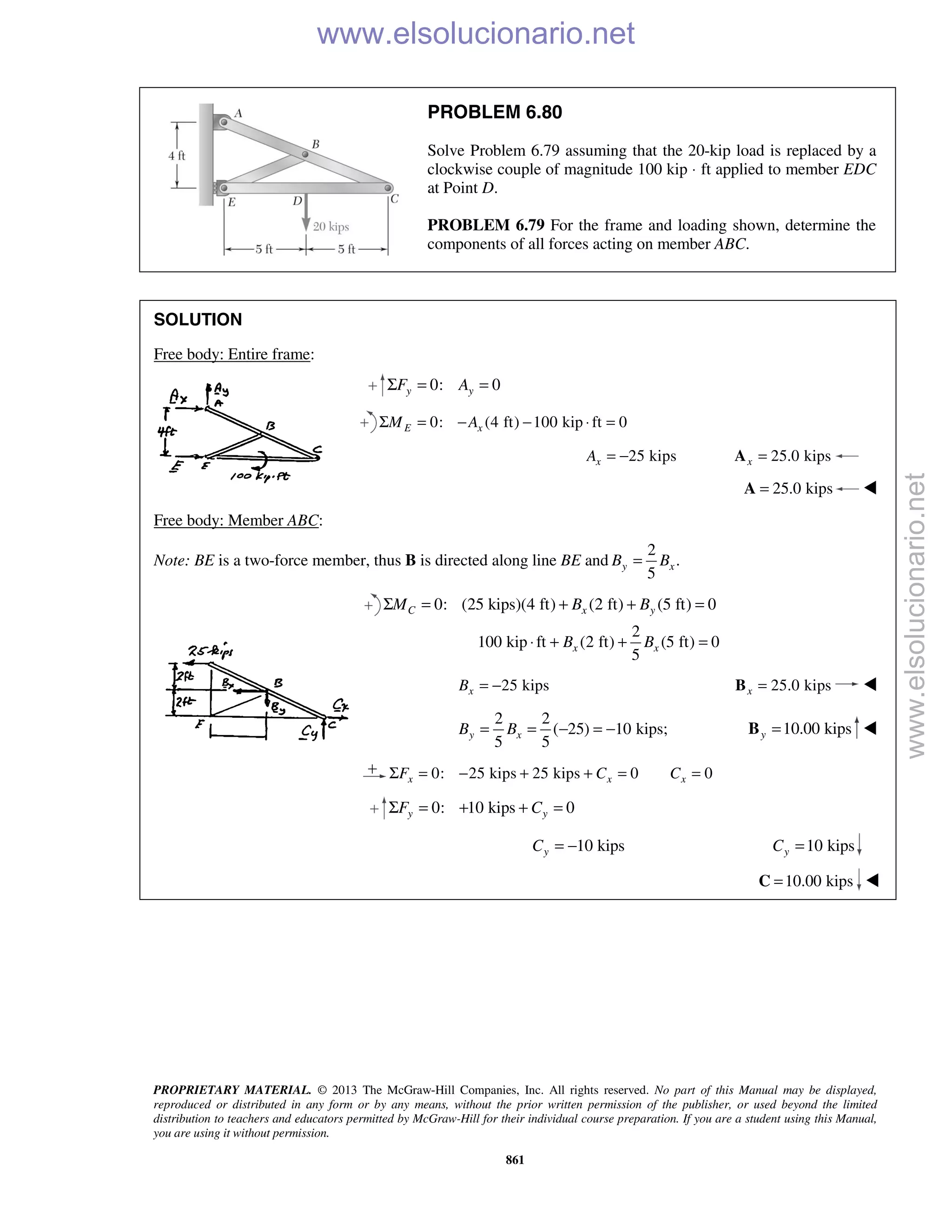 PROPRIETARY MATERIAL. © 2013 The McGraw-Hill Companies, Inc. All rights reserved. No part of this Manual may be displayed,
reproduced or distributed in any form or by any means, without the prior written permission of the publisher, or used beyond the limited
distribution to teachers and educators permitted by McGraw-Hill for their individual course preparation. If you are a student using this Manual,
you are using it without permission.
861
PROBLEM 6.80
Solve Problem 6.79 assuming that the 20-kip load is replaced by a
clockwise couple of magnitude 100 kip ⋅ ft applied to member EDC
at Point D.
PROBLEM 6.79 For the frame and loading shown, determine the
components of all forces acting on member ABC.
SOLUTION
Free body: Entire frame:
0: 0y yF AΣ = =
0: (4 ft) 100 kip ft 0E xM AΣ = − − ⋅ =
25 kipsxA = − 25.0 kipsx =A
25.0 kips=A 
Free body: Member ABC:
Note: BE is a two-force member, thus B is directed along line BE and
2
.
5
y xB B=
0: (25 kips)(4 ft) (2 ft) (5 ft) 0C x yM B BΣ = + + =
2
100 kip ft (2 ft) (5 ft) 0
5
x xB B⋅ + + =
25 kipsxB = − 25.0 kipsx =B 
2 2
( 25) 10 kips;
5 5
y xB B= = − = − 10.00 kipsy =B 
0: 25 kips 25 kips 0 0x x xF C CΣ = − + + = =
0: 10 kips 0y yF CΣ = + + =
10 kipsyC = − 10 kipsyC =
10.00 kips=C 
www.elsolucionario.net
www.elsolucionario.net
 