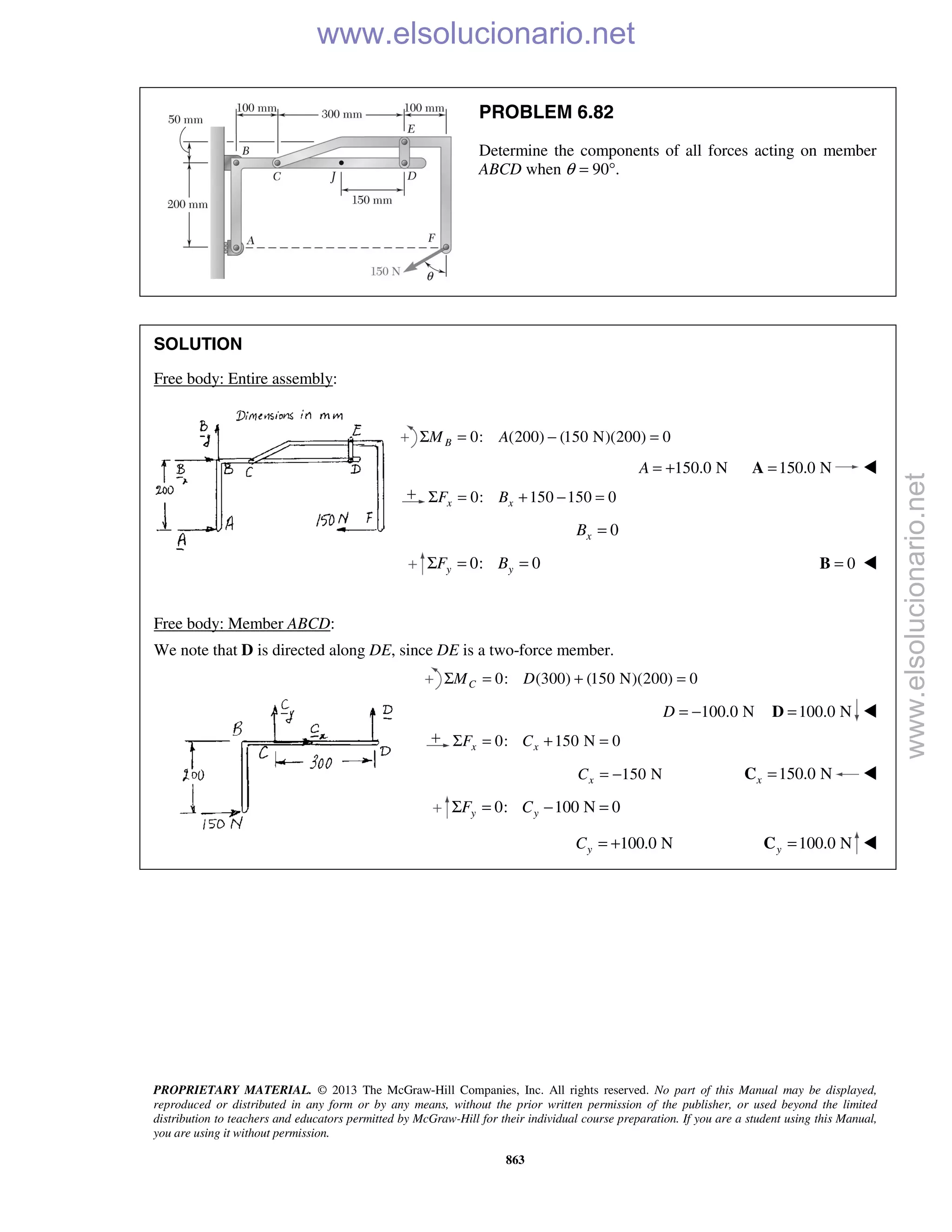 PROPRIETARY MATERIAL. © 2013 The McGraw-Hill Companies, Inc. All rights reserved. No part of this Manual may be displayed,
reproduced or distributed in any form or by any means, without the prior written permission of the publisher, or used beyond the limited
distribution to teachers and educators permitted by McGraw-Hill for their individual course preparation. If you are a student using this Manual,
you are using it without permission.
863
PROBLEM 6.82
Determine the components of all forces acting on member
ABCD when θ = 90°.
SOLUTION
Free body: Entire assembly:
0: (200) (150 N)(200) 0BM AΣ = − =
150.0 NA = + 150.0 N=A 
0: 150 150 0x xF BΣ = + − =
0xB =
0: 0y yF BΣ = = 0=B 
Free body: Member ABCD:
We note that D is directed along DE, since DE is a two-force member.
0: (300) (150 N)(200) 0CM DΣ = + =
100.0 ND = − 100.0 N=D 
0: 150 N 0x xF CΣ = + =
150 NxC = − 150.0 Nx =C 
0: 100 N 0y yF CΣ = − =
100.0 NyC = + 100.0 Ny =C 
www.elsolucionario.net
www.elsolucionario.net
 
