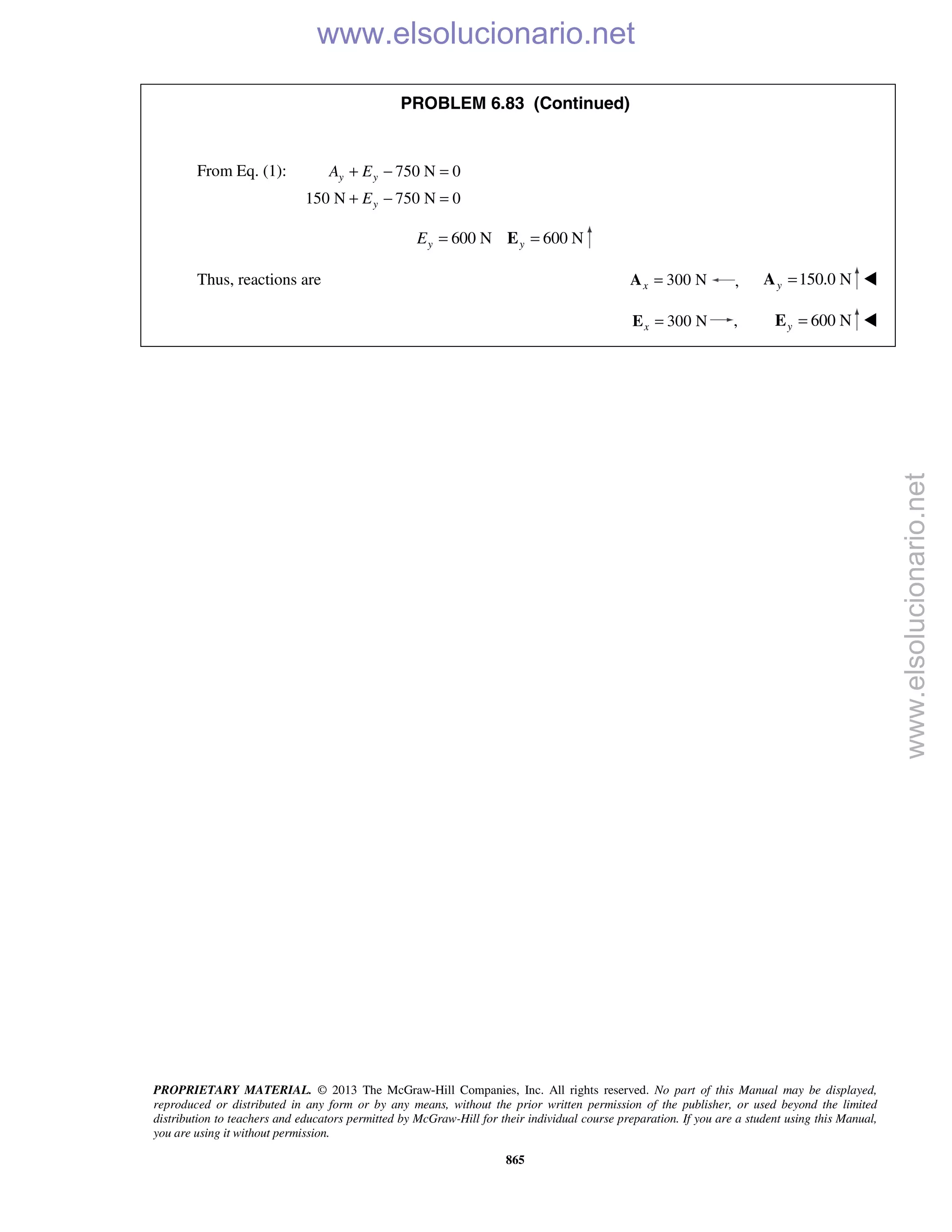 PROPRIETARY MATERIAL. © 2013 The McGraw-Hill Companies, Inc. All rights reserved. No part of this Manual may be displayed,
reproduced or distributed in any form or by any means, without the prior written permission of the publisher, or used beyond the limited
distribution to teachers and educators permitted by McGraw-Hill for their individual course preparation. If you are a student using this Manual,
you are using it without permission.
865
PROBLEM 6.83 (Continued)
From Eq. (1): 750 N 0
150 N 750 N 0
y y
y
A E
E
+ − =
+ − =
600 N 600 Ny yE = =E
Thus, reactions are 300 Nx =A , 150.0 Ny =A 
300 Nx =E , 600 Ny =E 
www.elsolucionario.net
www.elsolucionario.net
 