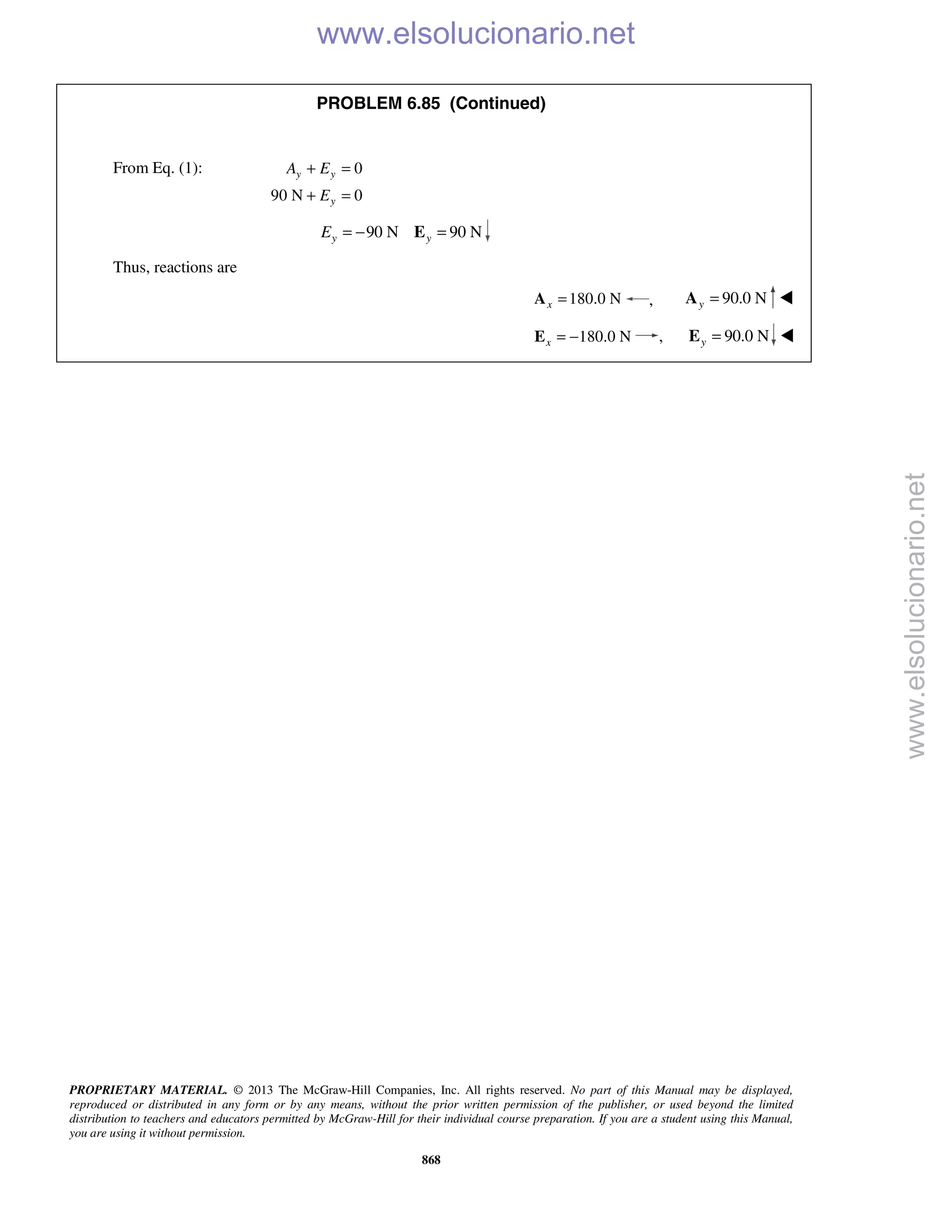 PROPRIETARY MATERIAL. © 2013 The McGraw-Hill Companies, Inc. All rights reserved. No part of this Manual may be displayed,
reproduced or distributed in any form or by any means, without the prior written permission of the publisher, or used beyond the limited
distribution to teachers and educators permitted by McGraw-Hill for their individual course preparation. If you are a student using this Manual,
you are using it without permission.
868
PROBLEM 6.85 (Continued)
From Eq. (1): 0
90 N 0
y y
y
A E
E
+ =
+ =
90 N 90 Ny yE = − =E
Thus, reactions are
180.0 Nx =A , 90.0 Ny =A 
180.0 Nx = −E , 90.0 Ny =E 
www.elsolucionario.net
www.elsolucionario.net
 