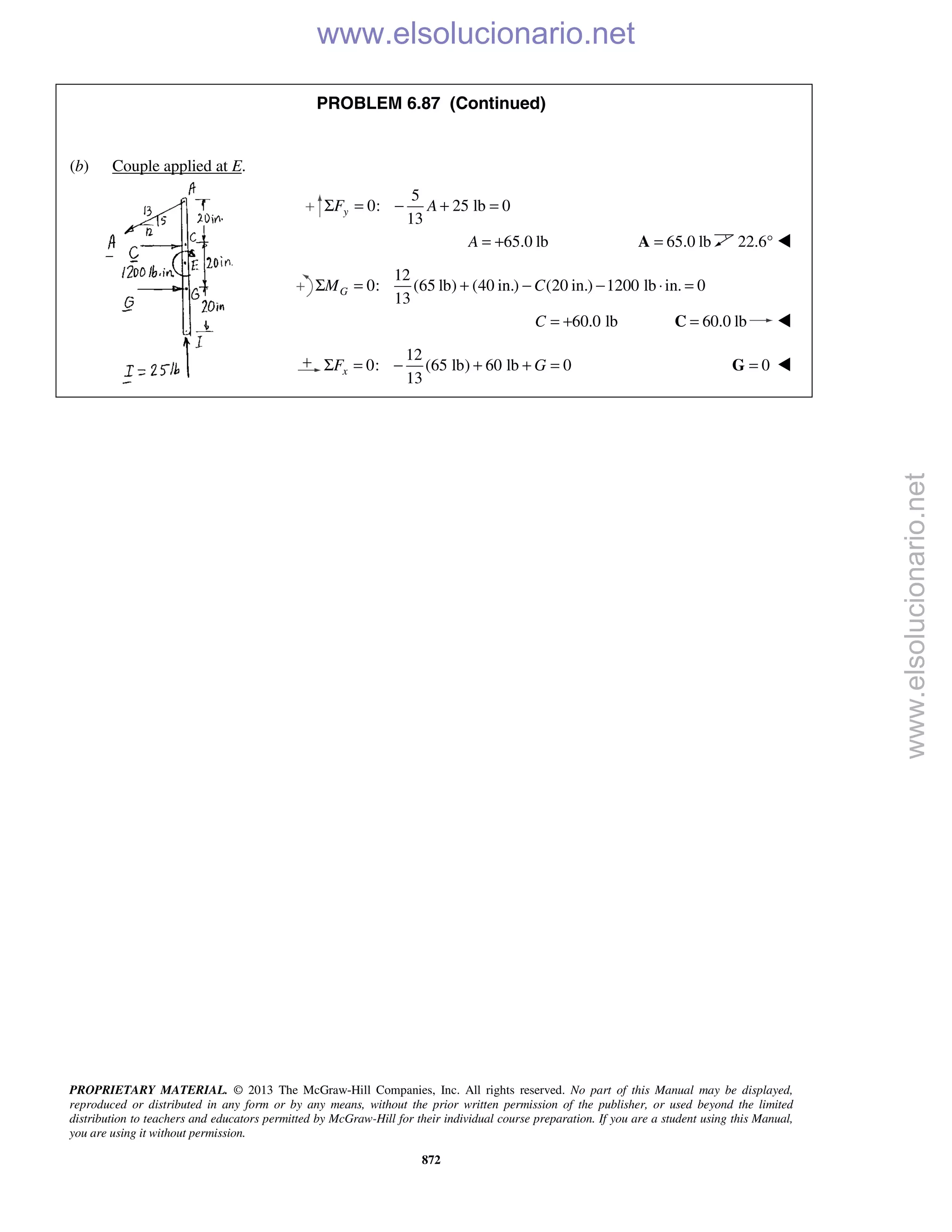 PROPRIETARY MATERIAL. © 2013 The McGraw-Hill Companies, Inc. All rights reserved. No part of this Manual may be displayed,
reproduced or distributed in any form or by any means, without the prior written permission of the publisher, or used beyond the limited
distribution to teachers and educators permitted by McGraw-Hill for their individual course preparation. If you are a student using this Manual,
you are using it without permission.
872
PROBLEM 6.87 (Continued)
(b) Couple applied at E.
5
0: 25 lb 0
13
yF AΣ = − + =
65.0 lbA = + 65.0 lb=A 22.6° 
12
0: (65 lb) (40 in.) (20 in.) 1200 lb in. 0
13
GM CΣ = + − − ⋅ =
60.0 lbC = + 60.0 lb=C 
12
0: (65 lb) 60 lb 0
13
xF GΣ = − + + = 0=G 
www.elsolucionario.net
www.elsolucionario.net
 