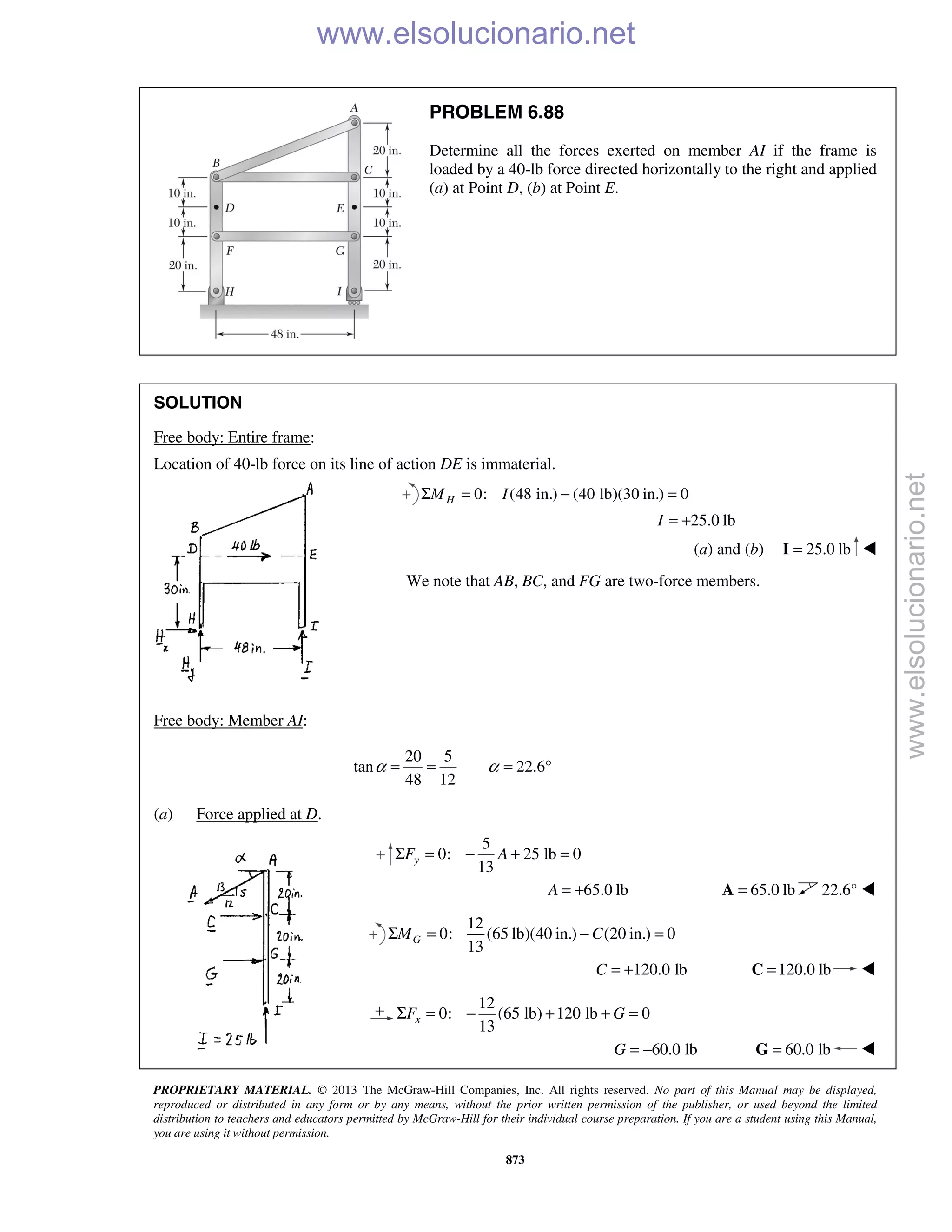 PROPRIETARY MATERIAL. © 2013 The McGraw-Hill Companies, Inc. All rights reserved. No part of this Manual may be displayed,
reproduced or distributed in any form or by any means, without the prior written permission of the publisher, or used beyond the limited
distribution to teachers and educators permitted by McGraw-Hill for their individual course preparation. If you are a student using this Manual,
you are using it without permission.
873
PROBLEM 6.88
Determine all the forces exerted on member AI if the frame is
loaded by a 40-lb force directed horizontally to the right and applied
(a) at Point D, (b) at Point E.
SOLUTION
Free body: Entire frame:
Location of 40-lb force on its line of action DE is immaterial.
0: (48 in.) (40 lb)(30 in.) 0HM IΣ = − =
25.0 lbI = +
(a) and (b) 25.0 lb=I 
We note that AB, BC, and FG are two-force members.
Free body: Member AI:
20 5
tan 22.6
48 12
α α= = = °
(a) Force applied at D.
5
0: 25 lb 0
13
yF AΣ = − + =
65.0 lbA = + 65.0 lb=A 22.6° 
12
0: (65 lb)(40 in.) (20 in.) 0
13
GM CΣ = − =
120.0 lbC = + 120.0 lb=C 
12
0: (65 lb) 120 lb 0
13
xF GΣ = − + + =
60.0 lbG = − 60.0 lb=G 
www.elsolucionario.net
www.elsolucionario.net
 