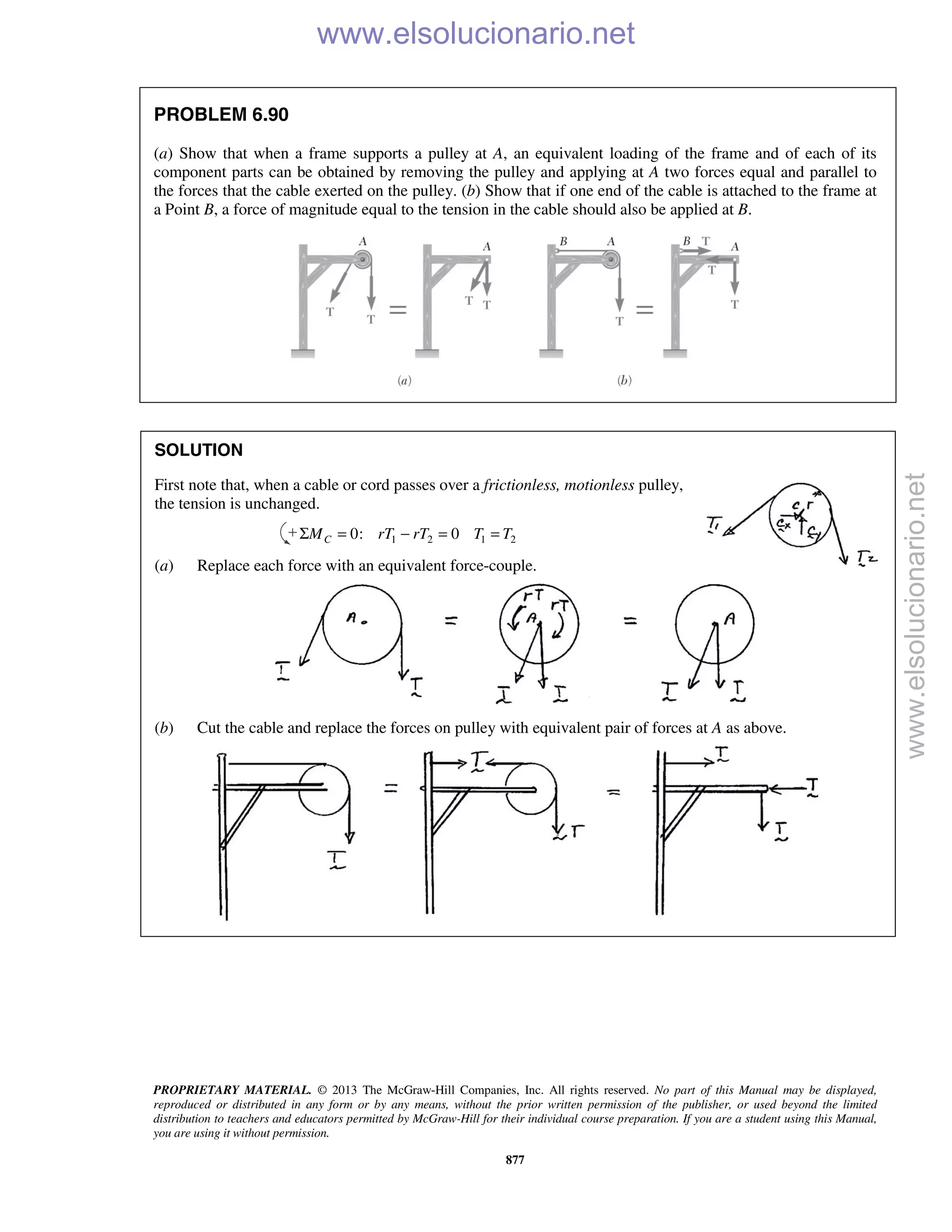 PROPRIETARY MATERIAL. © 2013 The McGraw-Hill Companies, Inc. All rights reserved. No part of this Manual may be displayed,
reproduced or distributed in any form or by any means, without the prior written permission of the publisher, or used beyond the limited
distribution to teachers and educators permitted by McGraw-Hill for their individual course preparation. If you are a student using this Manual,
you are using it without permission.
877
PROBLEM 6.90
(a) Show that when a frame supports a pulley at A, an equivalent loading of the frame and of each of its
component parts can be obtained by removing the pulley and applying at A two forces equal and parallel to
the forces that the cable exerted on the pulley. (b) Show that if one end of the cable is attached to the frame at
a Point B, a force of magnitude equal to the tension in the cable should also be applied at B.
SOLUTION
First note that, when a cable or cord passes over a frictionless, motionless pulley,
the tension is unchanged.
1 2 1 20: 0CM rT rT T TΣ = − = =
(a) Replace each force with an equivalent force-couple.
(b) Cut the cable and replace the forces on pulley with equivalent pair of forces at A as above.
 www.elsolucionario.net
www.elsolucionario.net
 