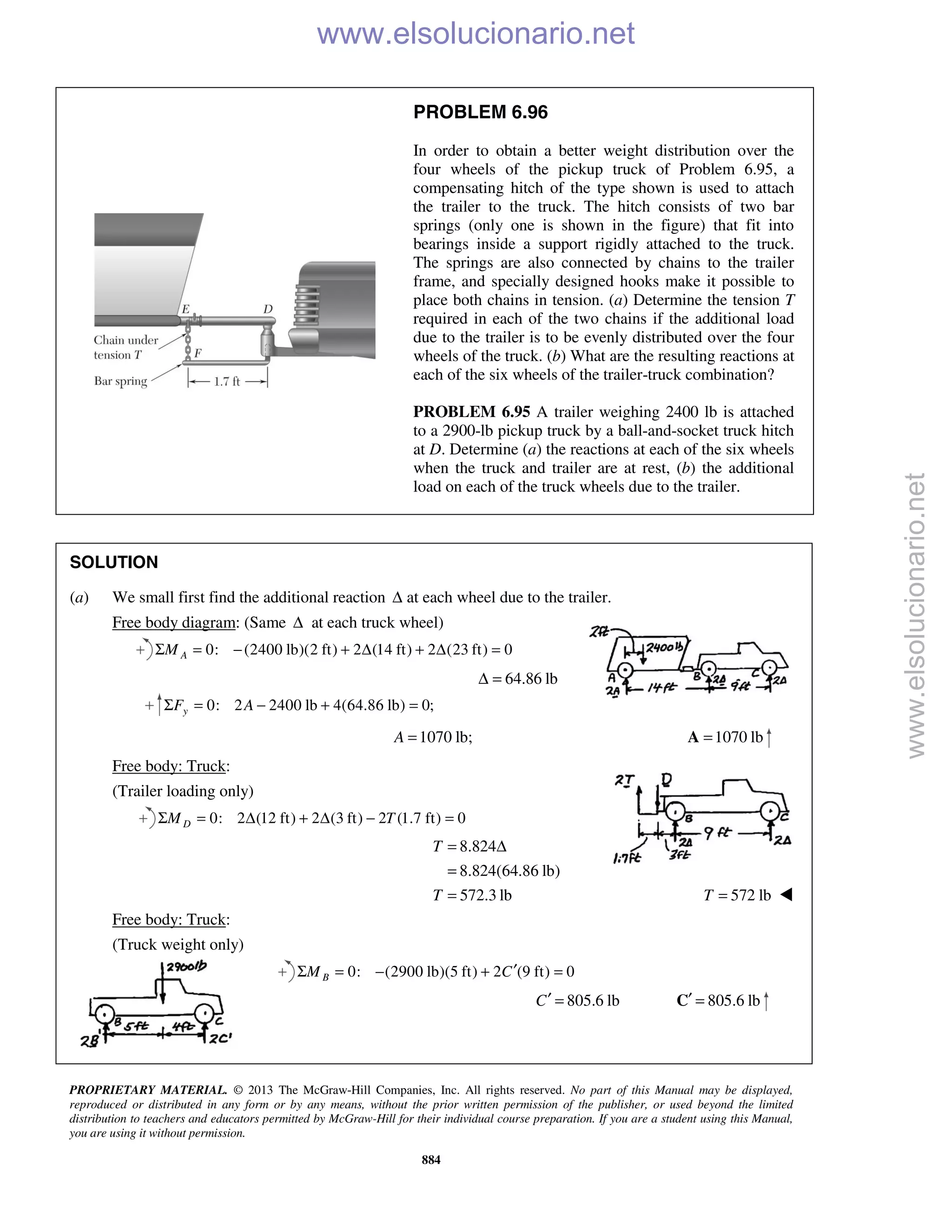 PROPRIETARY MATERIAL. © 2013 The McGraw-Hill Companies, Inc. All rights reserved. No part of this Manual may be displayed,
reproduced or distributed in any form or by any means, without the prior written permission of the publisher, or used beyond the limited
distribution to teachers and educators permitted by McGraw-Hill for their individual course preparation. If you are a student using this Manual,
you are using it without permission.
884
PROBLEM 6.96
In order to obtain a better weight distribution over the
four wheels of the pickup truck of Problem 6.95, a
compensating hitch of the type shown is used to attach
the trailer to the truck. The hitch consists of two bar
springs (only one is shown in the figure) that fit into
bearings inside a support rigidly attached to the truck.
The springs are also connected by chains to the trailer
frame, and specially designed hooks make it possible to
place both chains in tension. (a) Determine the tension T
required in each of the two chains if the additional load
due to the trailer is to be evenly distributed over the four
wheels of the truck. (b) What are the resulting reactions at
each of the six wheels of the trailer-truck combination?
PROBLEM 6.95 A trailer weighing 2400 lb is attached
to a 2900-lb pickup truck by a ball-and-socket truck hitch
at D. Determine (a) the reactions at each of the six wheels
when the truck and trailer are at rest, (b) the additional
load on each of the truck wheels due to the trailer.
SOLUTION
(a) We small first find the additional reaction Δ at each wheel due to the trailer.
Free body diagram: (Same Δ at each truck wheel)
0: (2400 lb)(2 ft) 2 (14 ft) 2 (23 ft) 0AMΣ = − + Δ + Δ =
64.86 lbΔ =
0: 2 2400 lb 4(64.86 lb) 0;yF AΣ = − + =
1070 lb;A = 1070 lb=A
Free body: Truck:
(Trailer loading only)
0: 2 (12 ft) 2 (3 ft) 2 (1.7 ft) 0DM TΣ = Δ + Δ − =
8.824
8.824(64.86 lb)
572.3 lb
T
T
= Δ
=
= 572 lbT = 
Free body: Truck:
(Truck weight only)
0: (2900 lb)(5 ft) 2 (9 ft) 0BM C′Σ = − + =
805.6 lbC′ = 805.6 lb′ =C
www.elsolucionario.net
www.elsolucionario.net
 