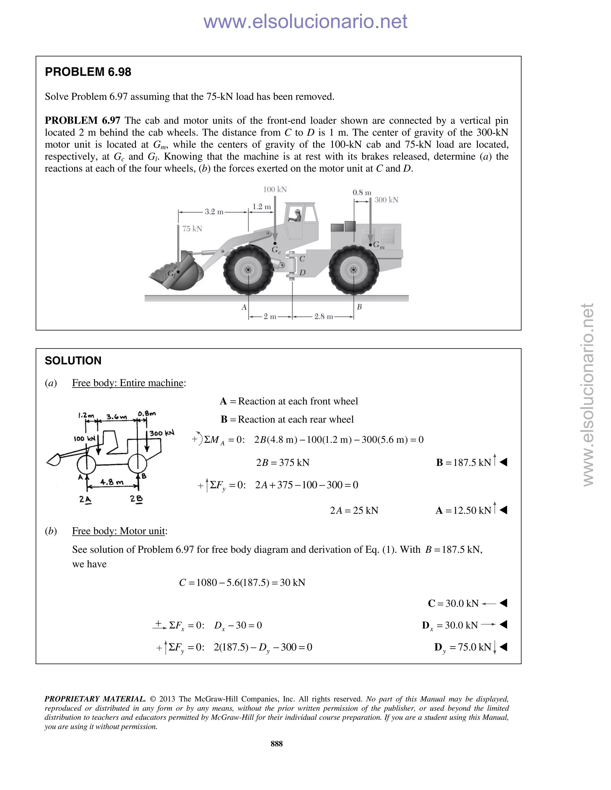 PROPRIETARY MATERIAL. © 2013 The McGraw-Hill Companies, Inc. All rights reserved. No part of this Manual may be displayed,
reproduced or distributed in any form or by any means, without the prior written permission of the publisher, or used beyond the limited
distribution to teachers and educators permitted by McGraw-Hill for their individual course preparation. If you are a student using this Manual,
you are using it without permission.
888
PROBLEM 6.98
Solve Problem 6.97 assuming that the 75-kN load has been removed.
PROBLEM 6.97 The cab and motor units of the front-end loader shown are connected by a vertical pin
located 2 m behind the cab wheels. The distance from C to D is 1 m. The center of gravity of the 300-kN
motor unit is located at Gm, while the centers of gravity of the 100-kN cab and 75-kN load are located,
respectively, at Gc and Gl. Knowing that the machine is at rest with its brakes released, determine (a) the
reactions at each of the four wheels, (b) the forces exerted on the motor unit at C and D.
SOLUTION
(a) Free body: Entire machine:
=A Reaction at each front wheel
=B Reaction at each rear wheel
0: 2 (4.8 m) 100(1.2 m) 300(5.6 m) 0AM BΣ = − − =
2 375 kNB = 187.5 kN=B 
0: 2 375 100 300 0yF AΣ = + − − =
2 25 kNA = 12.50 kN=A 
(b) Free body: Motor unit:
See solution of Problem 6.97 for free body diagram and derivation of Eq. (1). With 187.5 kN,B =
we have
1080 5.6(187.5) 30 kNC = − =
30.0 kN=C 
0: 30 0x xF DΣ = − = 30.0 kNx =D 
0: 2(187.5) 300 0y yF DΣ = − − = 75.0 kNy =D 
www.elsolucionario.net
www.elsolucionario.net
 