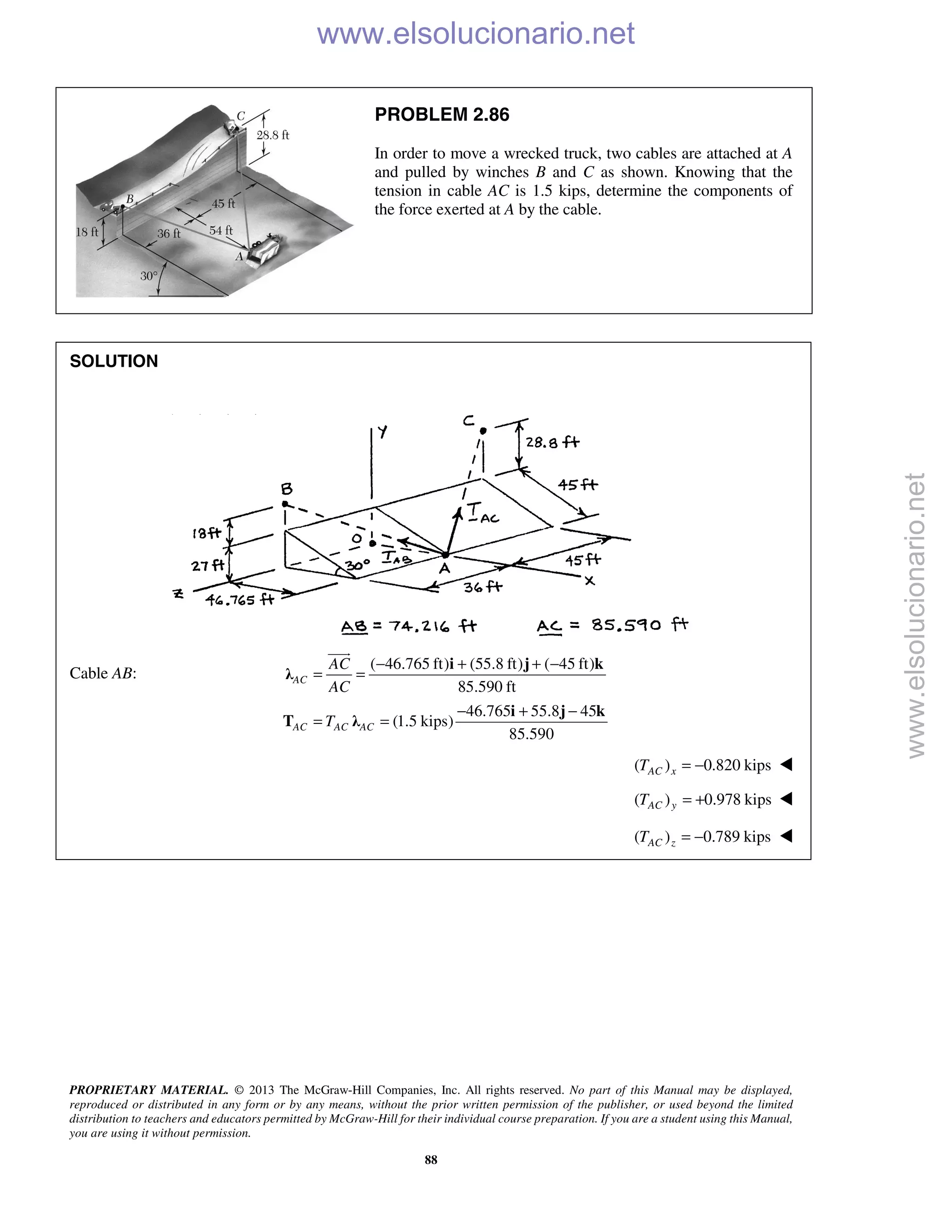 PROPRIETARY MATERIAL. © 2013 The McGraw-Hill Companies, Inc. All rights reserved. No part of this Manual may be displayed,
reproduced or distributed in any form or by any means, without the prior written permission of the publisher, or used beyond the limited
distribution to teachers and educators permitted by McGraw-Hill for their individual course preparation. If you are a student using this Manual,
you are using it without permission.
88
PROBLEM 2.86
In order to move a wrecked truck, two cables are attached at A
and pulled by winches B and C as shown. Knowing that the
tension in cable AC is 1.5 kips, determine the components of
the force exerted at A by the cable.
SOLUTION
Cable AB:
( 46.765 ft) (55.8 ft) ( 45 ft)
85.590 ft
46.765 55.8 45
(1.5 kips)
85.590
AC
AC AC AC
AC
AC
T
− + + −
= =
− + −
= =
i j k
λ
i j k
T λ

( ) 0.820 kipsAC xT = − 
( ) 0.978 kipsAC yT = + 
( ) 0.789 kips= −AC zT 
www.elsolucionario.net
www.elsolucionario.net
 