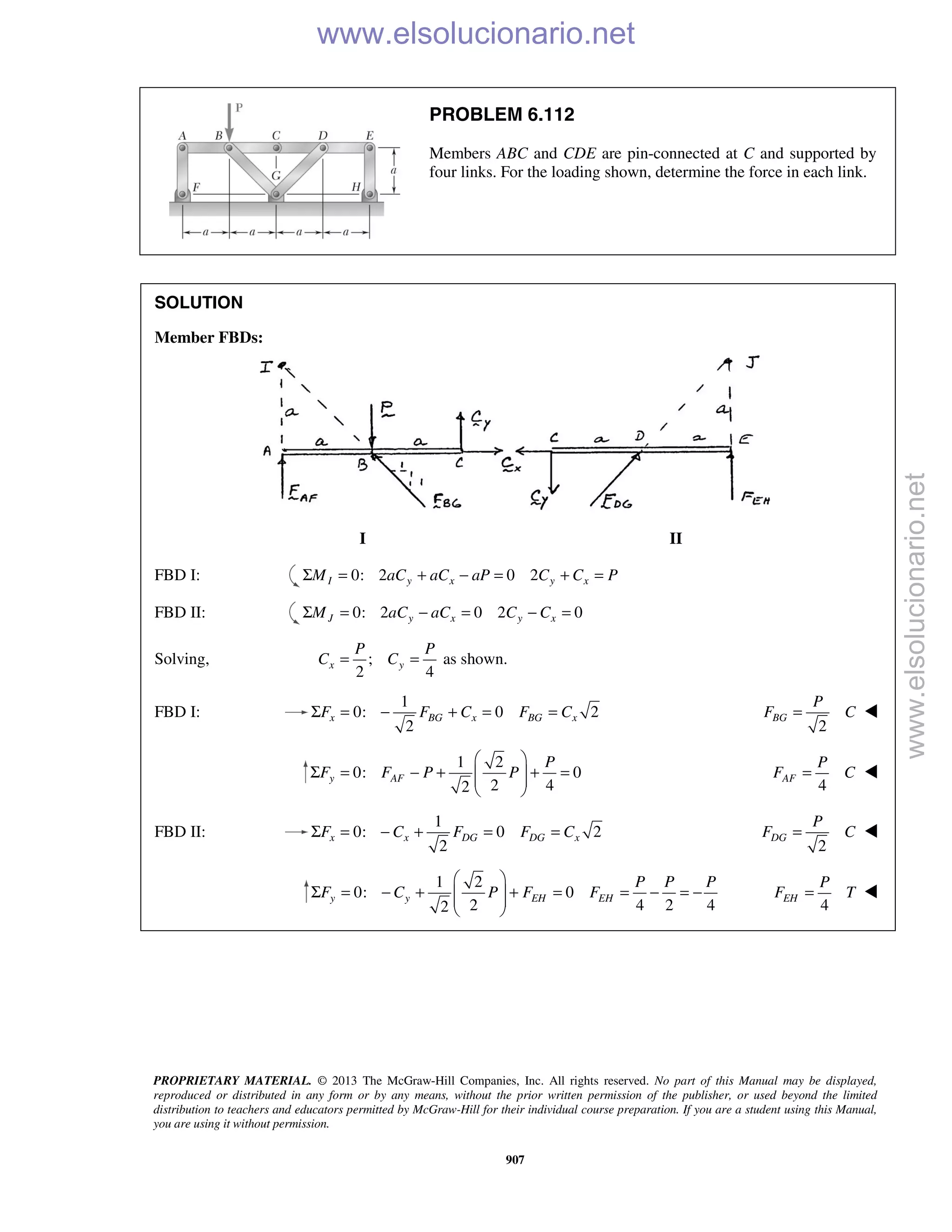PROPRIETARY MATERIAL. © 2013 The McGraw-Hill Companies, Inc. All rights reserved. No part of this Manual may be displayed,
reproduced or distributed in any form or by any means, without the prior written permission of the publisher, or used beyond the limited
distribution to teachers and educators permitted by McGraw-Hill for their individual course preparation. If you are a student using this Manual,
you are using it without permission.
907
PROBLEM 6.112
Members ABC and CDE are pin-connected at C and supported by
four links. For the loading shown, determine the force in each link.
SOLUTION
Member FBDs:
I II
FBD I: 0: 2 0 2I y x y xM aC aC aP C C PΣ = + − = + =
FBD II: 0: 2 0 2 0J y x y xM aC aC C CΣ = − = − =
Solving, ; as shown.
2 4
x y
P P
C C= =
FBD I:
1
0: 0 2
2
x BG x BG xF F C F CΣ = − + = =
2
BG
P
F C= 
1 2
0: 0
2 42
y AF
P
F F P P
 
Σ = − + + =  
  4
AF
P
F C= 
FBD II:
1
0: 0 2
2
x x DG DG xF C F F CΣ = − + = =
2
DG
P
F C= 
1 2
0: 0
2 4 2 42
y y EH EH
P P P
F C P F F
 
Σ = − + + = = − = −  
  4
EH
P
F T= 
www.elsolucionario.net
www.elsolucionario.net
 