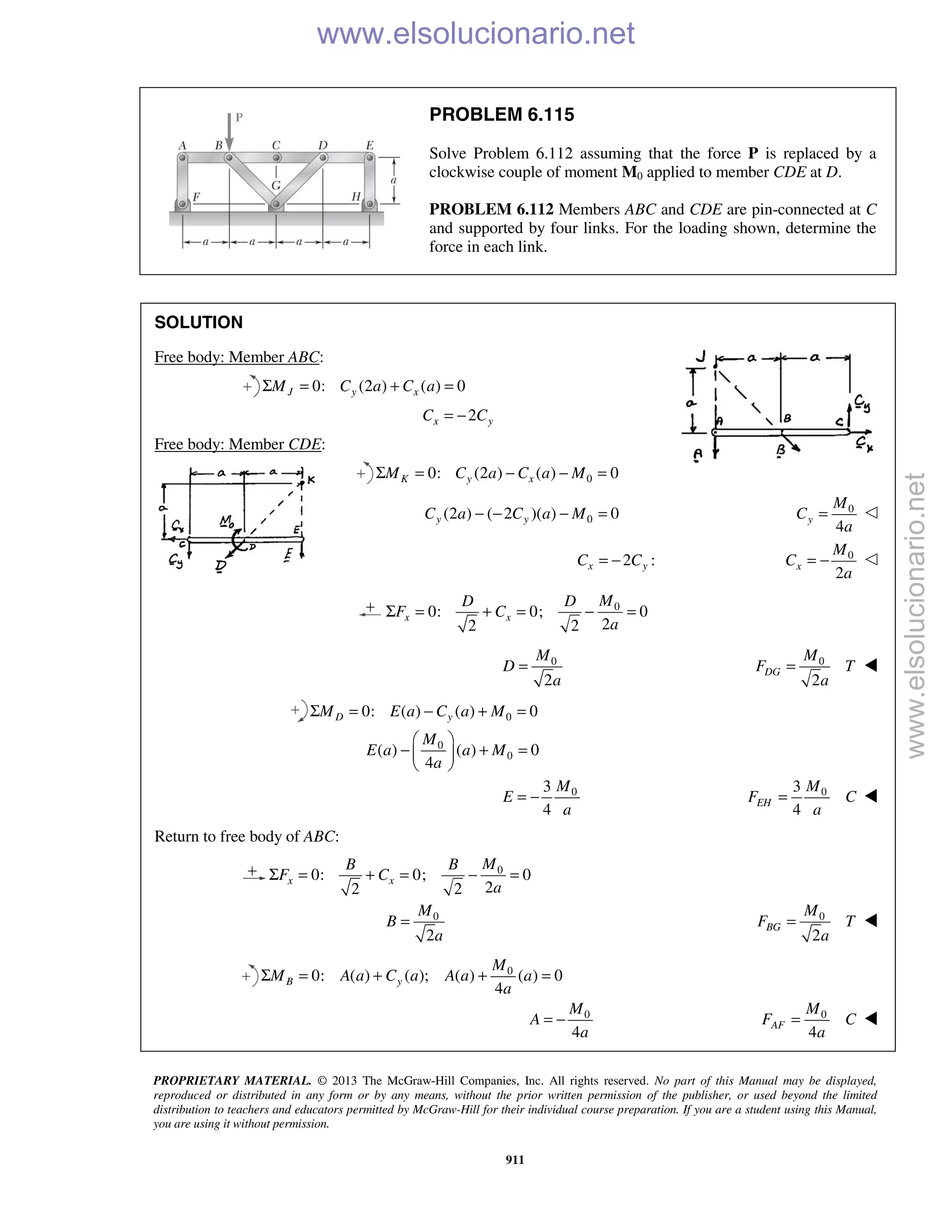 PROPRIETARY MATERIAL. © 2013 The McGraw-Hill Companies, Inc. All rights reserved. No part of this Manual may be displayed,
reproduced or distributed in any form or by any means, without the prior written permission of the publisher, or used beyond the limited
distribution to teachers and educators permitted by McGraw-Hill for their individual course preparation. If you are a student using this Manual,
you are using it without permission.
911
PROBLEM 6.115
Solve Problem 6.112 assuming that the force P is replaced by a
clockwise couple of moment M0 applied to member CDE at D.
PROBLEM 6.112 Members ABC and CDE are pin-connected at C
and supported by four links. For the loading shown, determine the
force in each link.
SOLUTION
Free body: Member ABC:
0: (2 ) ( ) 0J y xM C a C aΣ = + =
2x yC C= −
Free body: Member CDE:
00: (2 ) ( ) 0K y xM C a C a MΣ = − − =
0(2 ) ( 2 )( ) 0y yC a C a M− − − = 0
4
y
M
C
a
= ᭠
2 :x yC C= − 0
2
x
M
C
a
= − ᭠
0
0: 0; 0
22 2
x x
MD D
F C
a
Σ = + = − =
0
2
M
D
a
= 0
2
DG
M
F T
a
= 
00: ( ) ( ) 0D yM E a C a MΣ = − + =
0
0( ) ( ) 0
4
M
E a a M
a
 
− + = 
 
03
4
M
E
a
= − 03
4
EH
M
F C
a
= 
Return to free body of ABC:
0
0: 0; 0
22 2
x x
MB B
F C
a
Σ = + = − =
0
2
M
B
a
= 0
2
BG
M
F T
a
= 
0
0: ( ) ( ); ( ) ( ) 0
4
B y
M
M A a C a A a a
a
Σ = + + =
0
4
M
A
a
= − 0
4
AF
M
F C
a
= 
www.elsolucionario.net
www.elsolucionario.net
 